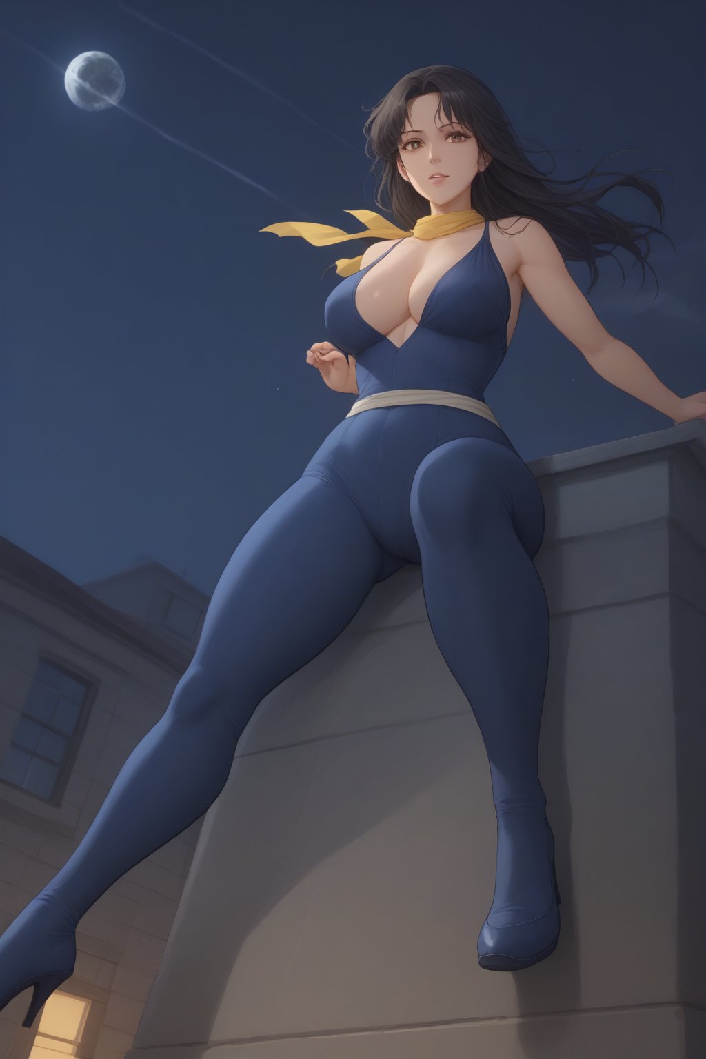 (masterpiece, best quality, 32K Ultra HD anime, super high resolution, 1980s /(style/), traditional media, perfect human anatomy, perfect anatomy),
(front view, shot from below), looking at the camera, highlights on breasts,
(fh1to), mature woman, solo,
((long hair, black hair, straight hair, messy hair, unevenly parted bangs, beautiful thin long eyebrows, (brown eyes, thin eyes, kind eyes), pink lips, blushing, teary eyes, smiling), heavy breathing, white breath, slightly open mouth, drooling,
attractive body, plump body, voluptuous body, beautiful collarbone line, (large breasts; 0.5, firm breasts, traces of erect nipples), beautiful deep cleavage, beautiful hands, (beautiful fingers, four fingers, one thumb), smooth stomach, slightly wide waist; 0.7, slightly large buttocks; 0.1, beautiful pussy line, beautiful legs, beautiful knees, beautiful calves, (beautiful toes, four fingers, one thumb),
(blue_catsuit_yellow_belt, yellow scarf around waist, blue tights, blue high heels),
(jumping in, hugging, jumping, arms wide open, legs wide open, to the viewer, on the roof of a building, in the darkness of night),
(scenery on the roof of a building, big building, iron piping, outdoor unit, searchlight, iron door, iron fence, night),
core_9_up, score_8_up, score_7_up, score_6_up, source_anime, BREAK, score_9, score_4_up, score_5_up,