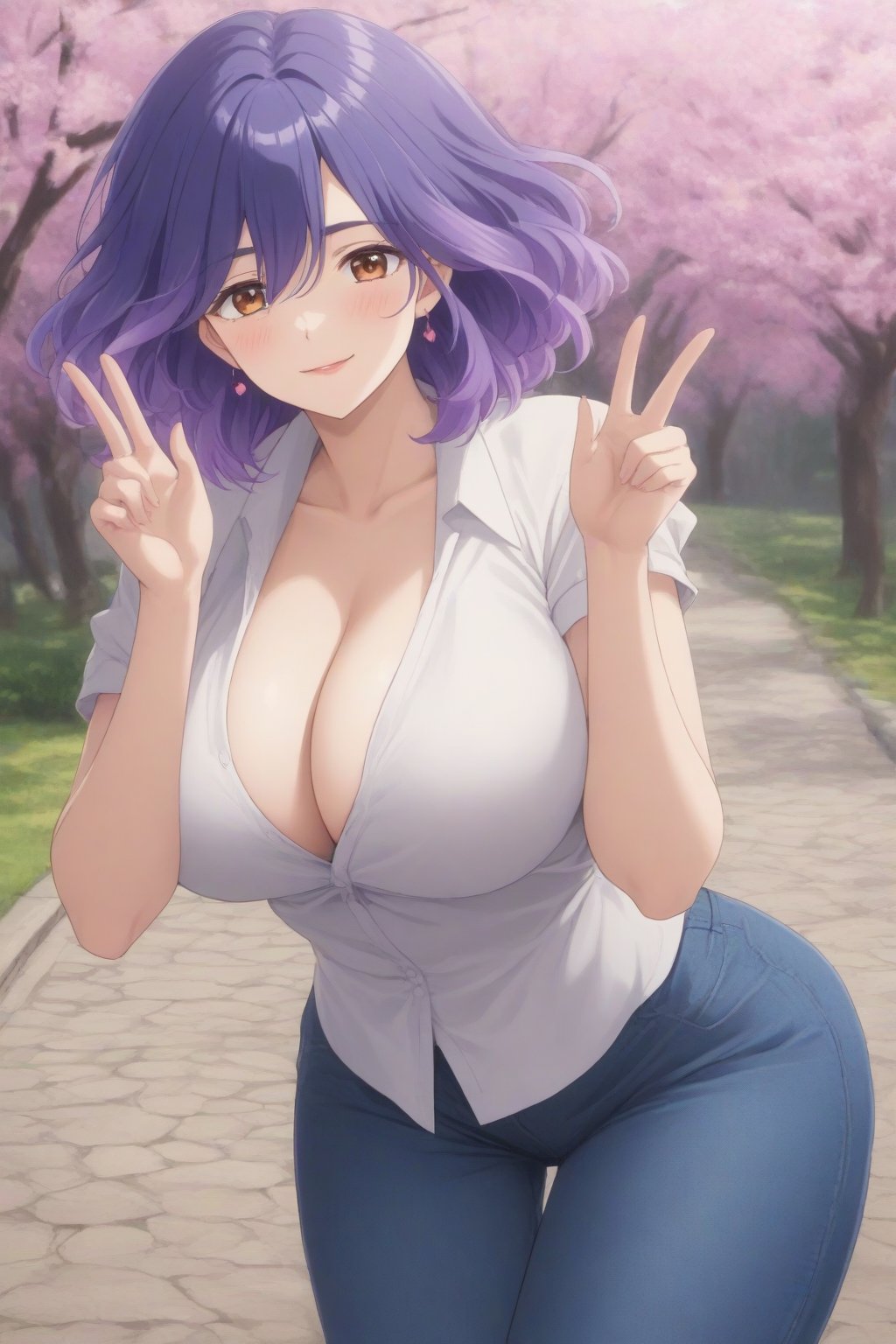 (masterpiece, best quality, 32K ultra HD anime, super high resolution, 1980s /(style/), perfect human anatomy, perfect anatomy), (side view, shot from below), looking at the camera, highlights of breasts,
(vermeil), mature woman, solo,
((short hair, (blue hair, wavy hair, gradient hair, purple hair with tips)), thick parted bangs, hair between eyes, beautiful thin long eyebrows, brown eyes, red rose earrings, pink lips, blush, smiling), (slightly pouting),
((dress shirt), beautiful cleavage, jeans pants), black pumps,
attractive body, high body, beautiful clavicle line, (huge breasts; 0.3, firm, firm), beautiful hands, (beautiful fingers, 4 fingers, 1 thumb), slightly wide hips; 0.7, slightly large ass; 0.8, beautiful_legs, beautiful_knees, beautiful_calves, (beautiful_toes, 4 fingers, 1 thumb),
(standing, legs apart, facing up, on cobblestones), (spring park, cherry blossoms in full bloom, cherry tree, cherry blossoms blowing in the wind),
, core_9_up, score_8_up, score_7_up, score_6_up, source_anime,