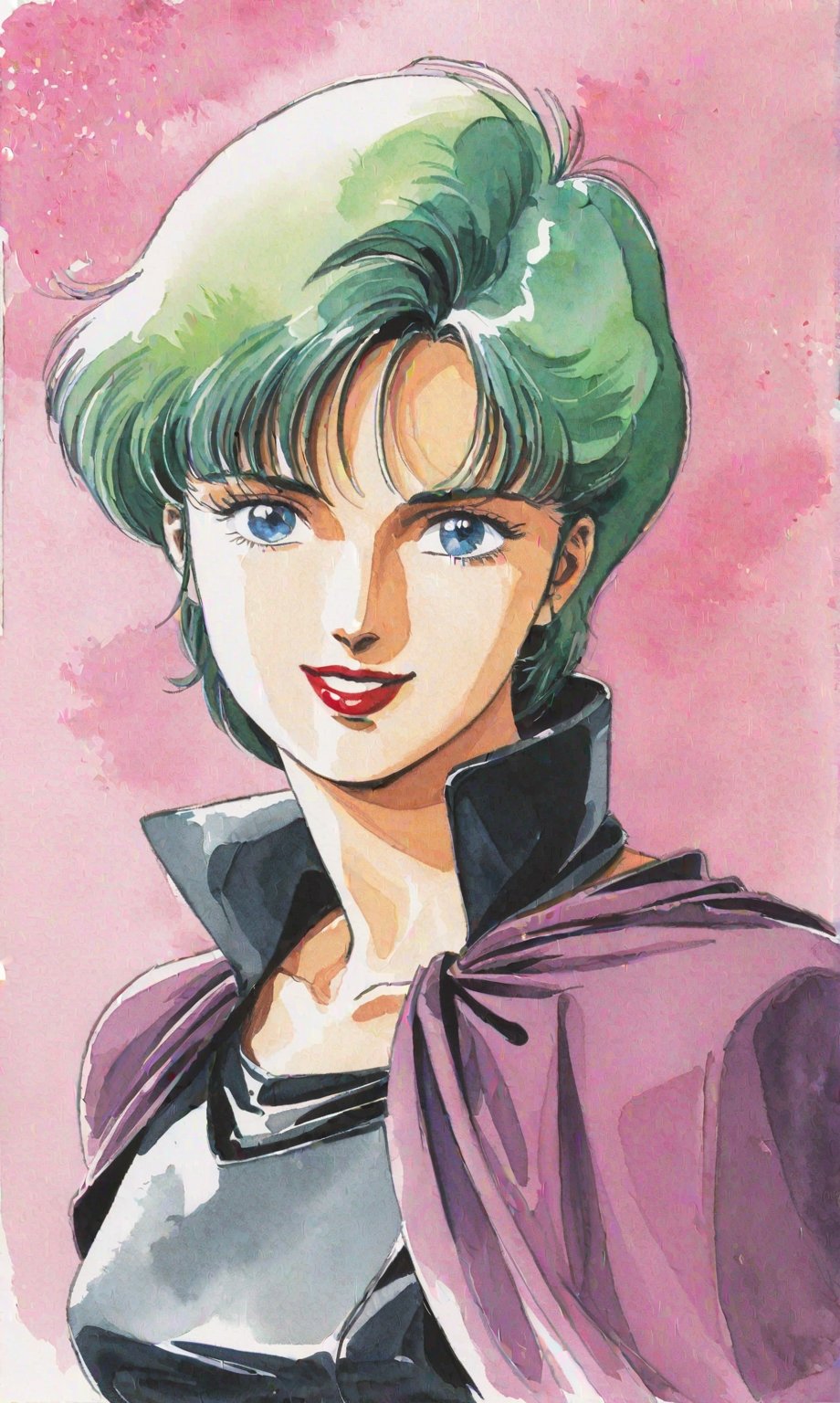 Traditional media, Retro art style, Watercolor, 1980s style, Four Murasame, 1 woman, Solo, Short hair, Blue eyes, Green hair, Lipstick, Smiling, Looking at viewer, Collarbone, (Purple cape, Large turned-up collar), Purple miniskirt, Black long sleeve shirt, Black 7/8 tights, Light purple socks, Low pumps, (Portrait, Watercolor), Full body,