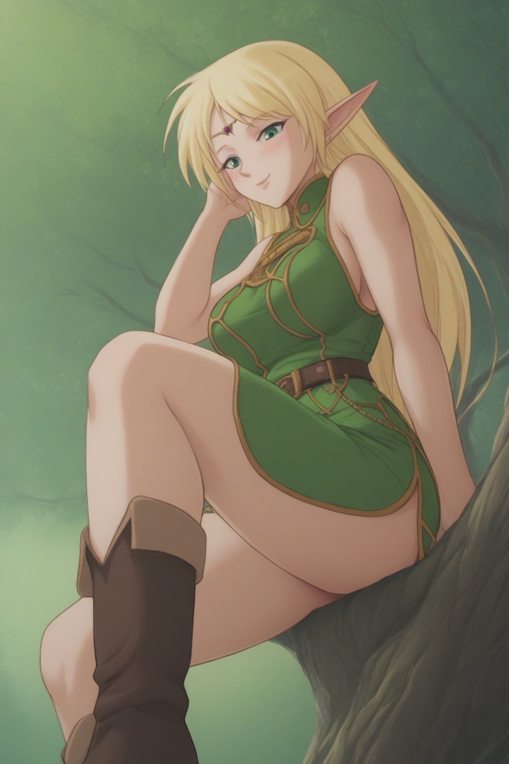 (masterpiece, best quality, 32K ultra HD anime, super high resolution, 1980s /(style/), perfect human anatomy, perfect anatomy), (side view, shot from below), looking at camera, highlights breasts,
(Deedlit), mature woman, elf, solo,
((long hair, blonde hair, center parted bangs, circlet, beautiful long thin eyebrows, lime green eyes, big elven ears, pointed ears, pink lips, blushing, smiling), (mouth slightly open),
(((Deedlit's lime green dress, sleeveless, gold trimmed), (green armor, gold trimmed)), belt, (lime green short skirt, gold trimmed)), black stockings, black boots,
attractive body, high body, beautiful clavicle line, (large breasts; 0.3, firm, firm), beautiful_hands, (beautiful_fingers, 4 fingers, 1 thumb), slightly wide_waist; 0.7, slightly large_buttocks; 0.8, beautiful_legs, beautiful_knees, beautiful_calves, (beautiful_toes, 4 fingers, 1 thumb),
(sitting, on a tree branch, legs wide open, on a big tree branch), (forest scenery, big tree branch, big tree, deep forest),
, core_9_up, score_8_up, score_7_up, score_6_up, source_anime, BREAK, score_9,