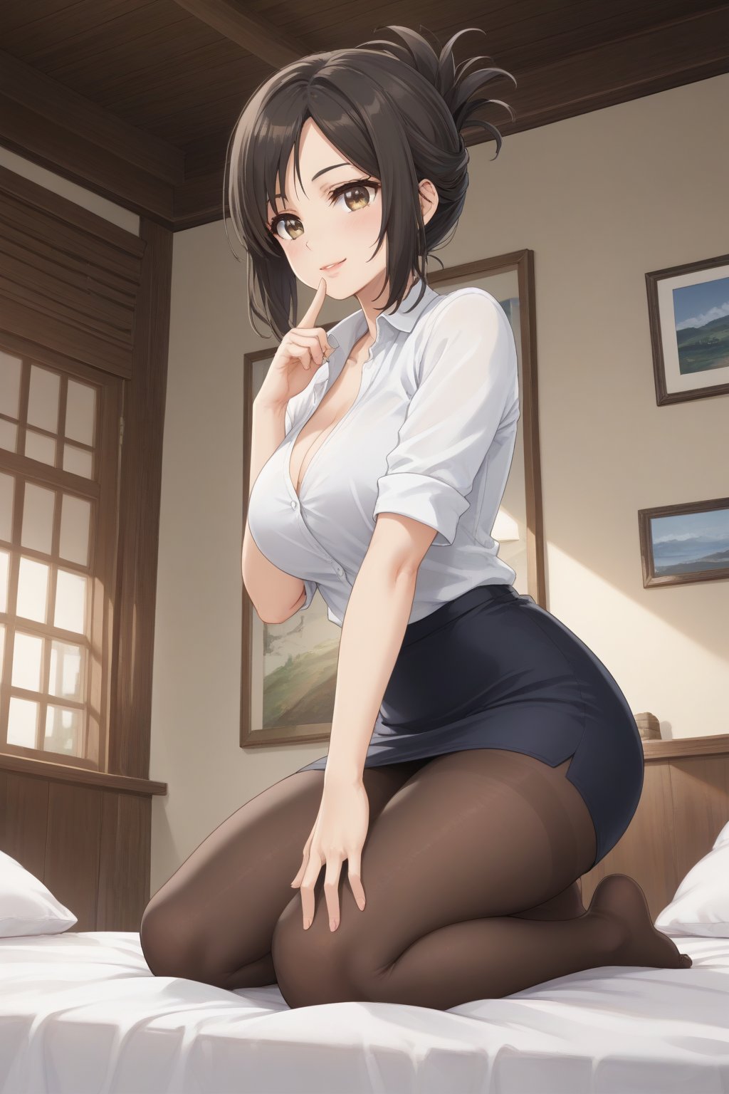 (masterpiece, best quality, 32K ultra HD anime, super high resolution, 1980s /(style/), perfect human anatomy, perfect anatomy, NSFW), (side view, shot from below), looking at camera, highlights breasts,
(kanakojixl), mature woman, solo,
((short hair, black hair, folded ponytail, unevenly parted bangs, beautiful thin long eyebrows, light brown eyes, pink lips, blushing, smiling), (mouth slightly open),
collared shirt, cleavage, white shirt, pencil skirt, black skirt, black pantyhose, office lady,
attractive body, beautiful collarbone line, (big breasts; 0.3, firm firmness), beautiful hands, (beautiful fingers, 4 fingers, 1 thumb), slightly wide hips; 0.7, slightly large ass; 0.8, beautiful_legs, beautiful_knees, beautiful_calves, (beautiful_toes, 4_fingers, 1_thumb),
(posing on knees, facing forward, legs wide open, lifting skirt with hands, holding index finger in mouth, on bed, in inn room), (inn scenery, dim light, old wooden room, dilapidated, big bed, broken wooden wall, night sky),
, core_9_up, score_8_up, score_7_up, score_6_up, source_anime, BREAK, score_9,