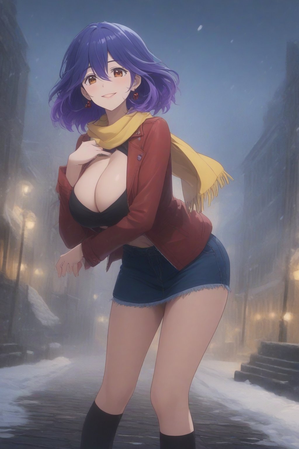 (masterpiece, best quality, 32K ultra HD anime, super high resolution, 1980s /(style/), perfect human anatomy, perfect anatomy), (side view, shot from below), looking at the camera, highlights of breasts,
(vermeil), mature woman, solo,
((short hair, (blue hair, wavy hair, gradient hair, purple hair with tips)), thick parted bangs, hair between eyes, beautiful thin long eyebrows, brown eyes, red rose earrings, pink lips, blush, smiling), (mouth slightly open),
((red leather jacket, yellow scarf), beautiful cleavage, denim skirt), black stockings, black boots,
attractive body, high body, beautiful clavicle line, (huge breasts; 0.3, firm firmness), beautiful hands, (beautiful fingers, 4 fingers, 1 thumb), slightly wide hips; 0.7, a little big_buttocks; 0.8, beautiful_legs, beautiful_knees, beautiful_calves, (beautiful_toes, 4 fingers, 1 thumb),
(standing, bending over, legs wide apart, ry, on cobblestones), (winter park, falling snow, snowstorm, silver world),
, core_9_up, score_8_up, score_7_up, score_6_up, source_anime, BREAK, score_9,