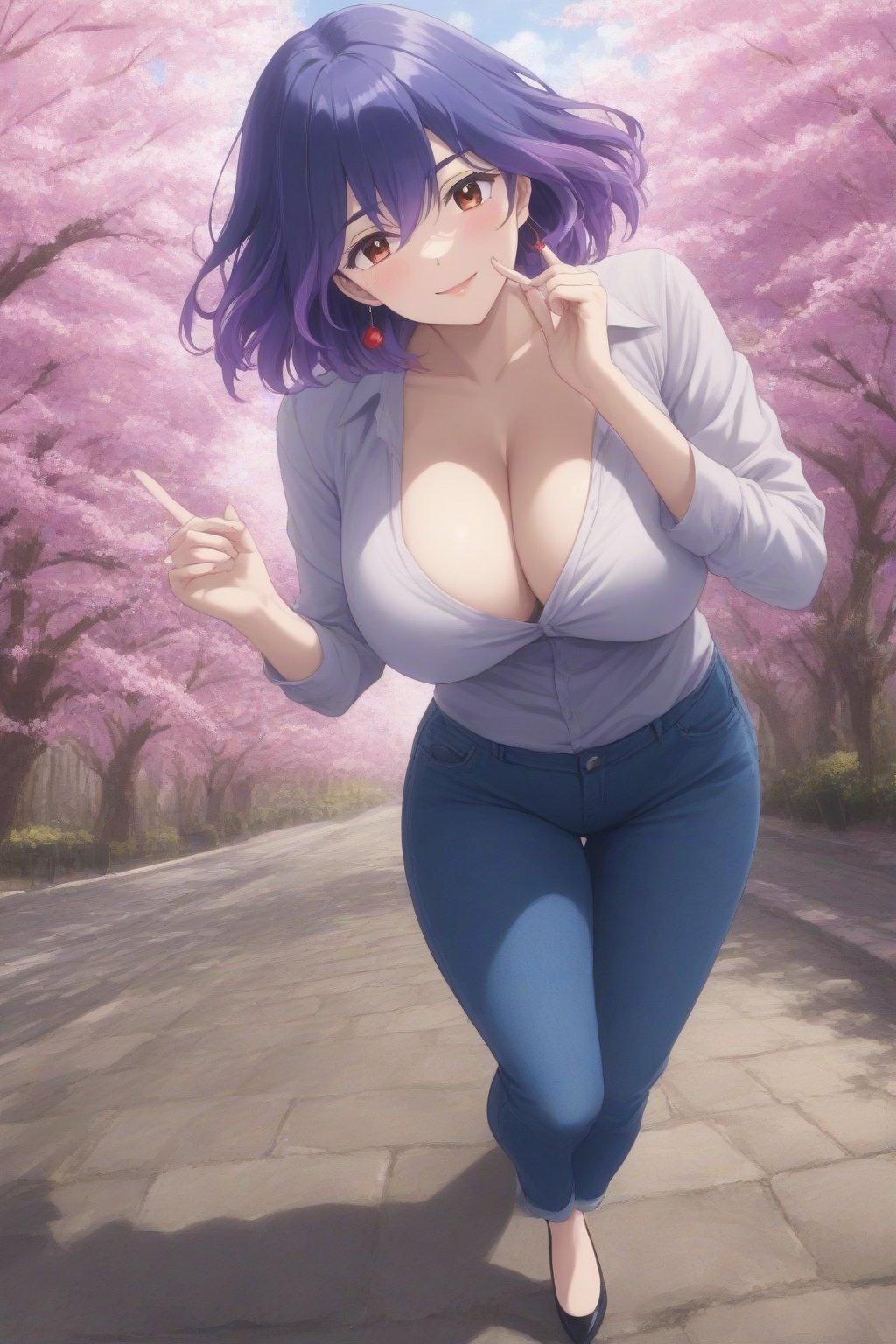 (masterpiece, best quality, 32K ultra HD anime, super high resolution, 1980s /(style/), perfect human anatomy, perfect anatomy), (side view, shot from below), looking at the camera, highlights of breasts,
(vermeil), mature woman, solo,
((short hair, (blue hair, wavy hair, gradient hair, purple hair with tips)), thick parted bangs, hair between eyes, beautiful thin long eyebrows, brown eyes, red rose earrings, pink lips, blush, smiling), (slightly pouting),
((dress shirt), beautiful cleavage, jeans pants), black pumps,
attractive body, high body, beautiful clavicle line, (huge breasts; 0.3, firm, firm), beautiful hands, (beautiful fingers, 4 fingers, 1 thumb), slightly wide hips; 0.7, slightly large ass; 0.8, beautiful_legs, beautiful_knees, beautiful_calves, (beautiful_toes, 4 fingers, 1 thumb),
(standing, legs apart, facing up, on cobblestones), (spring park, cherry blossoms in full bloom, cherry tree, cherry blossoms blowing in the wind),
, core_9_up, score_8_up, score_7_up, score_6_up, source_anime,