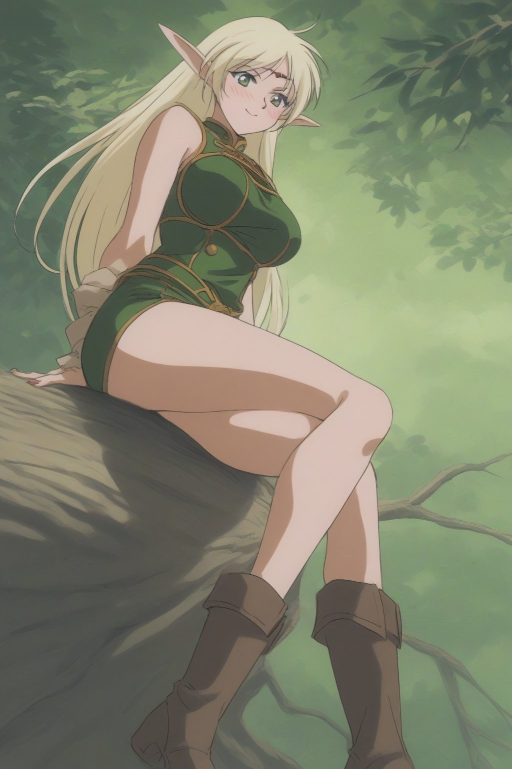 (masterpiece, best quality, 32K ultra HD anime, super high resolution, 1980s /(style/), perfect human anatomy, perfect anatomy), (side view, shot from below), looking at camera, highlights breasts,
(Deedlit), mature woman, elf, solo,
((long hair, blonde hair, center parted bangs, circlet, beautiful long thin eyebrows, lime green eyes, pointed ears, pink lips, blushing, smiling), (mouth slightly open),
(((Deedlit's lime green dress, sleeveless, gold trimmed), (green armor, gold trimmed)), belt, (lime green short skirt, gold trimmed)), black stockings, black boots,
attractive body, high body, beautiful clavicle line, (large breasts; 0.3, firm firmness), beautiful hands, (beautiful fingers, 4 fingers, 1 thumb), slightly wide hips; 0.7, a little big_buttocks; 0.8, beautiful_legs, beautiful_knees, beautiful_calves, (beautiful_toes, 4 fingers, 1 thumb),
(sitting, on a tree branch, legs wide open, on a big tree branch), (forest scenery, big tree branch, big tree, deep forest),
, core_9_up, score_8_up, score_7_up, score_6_up, source_anime, score_9_up