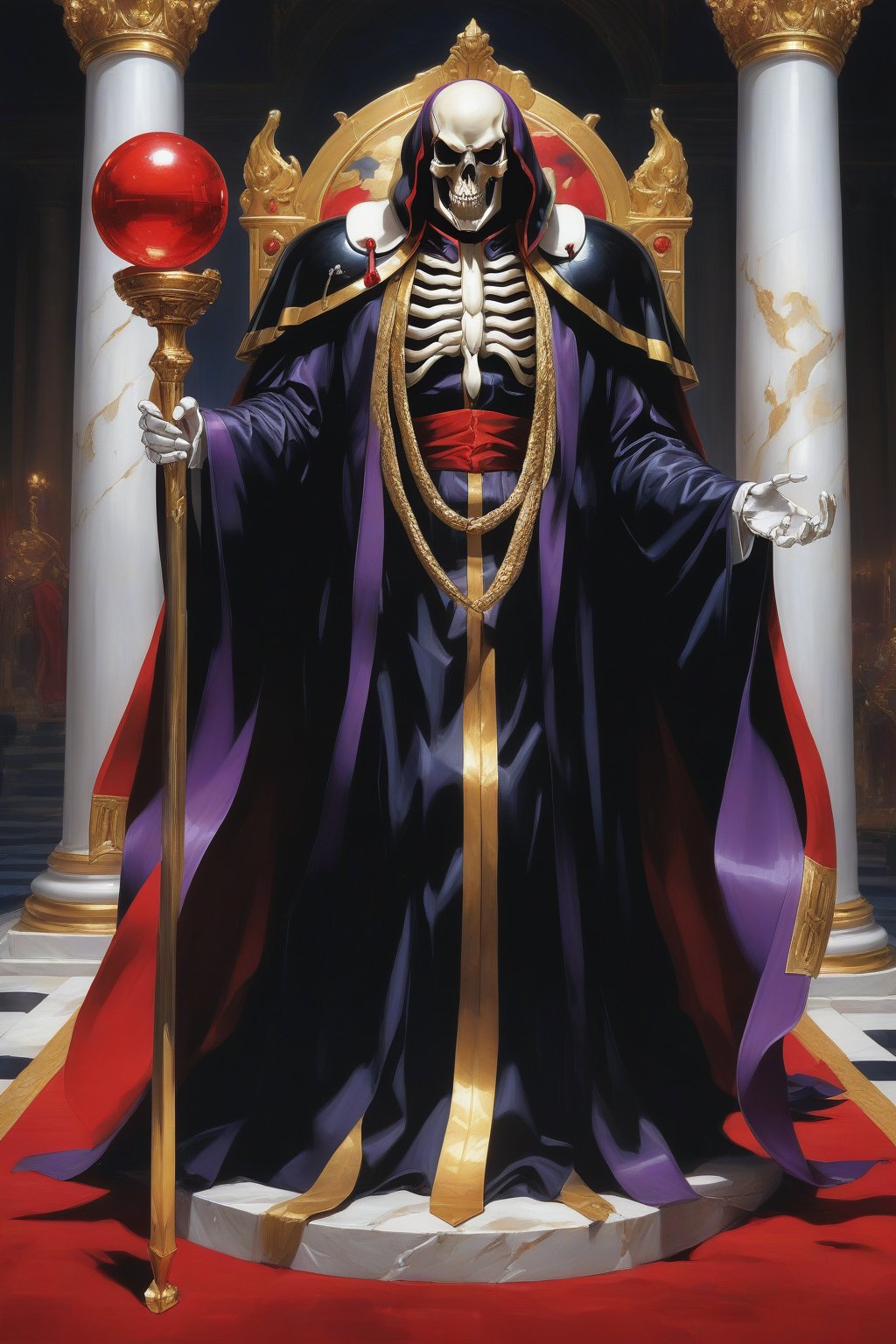 (masterpiece, best quality, 32K ultra-high resolution oil painting, super high resolution, artistic shading, accurate human anatomy, perfect anatomy),
(side view, bottom angle), full body shot, (eyes on camera),
Ainz Ooal Gown \(Overlord\), one boy, solo,
white skull, white skeleton, red eyes, glowing, glowing red ball in chest,
black hood with gold trim, (white giant shoulder pads, red balls inlaid), (black robe, purple trim), (scepter, snake holds seven-colored gem on staff),
(palace background, huge stone pillars lined up, (red carpet, gold trim), luxurious throne, steps to the throne, huge coat of arms flag),
core_9_up, score_8_up, score_7_up, score_6_up, source_anime,