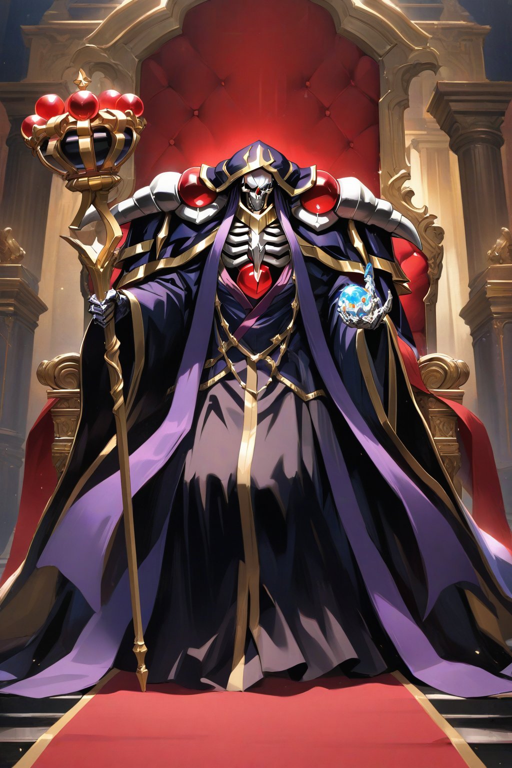 (masterpiece, best quality, 32K ultra-high resolution oil painting, super high resolution, artistic shading, accurate human anatomy, perfect anatomy),
(side view, bottom angle), full body shot, (eyes on camera),
Ainz Ooal Gown \(Overlord\), one boy, solo,
white skull, white skeleton, red eyes, glowing, glowing red ball in chest,
black hood with gold trim, (white giant shoulder pads, red balls inlaid), (black robe, purple trim), (scepter, snake holds seven-colored gem on staff),
(palace background, huge stone pillars lined up, (red carpet, gold trim), luxurious throne, steps to the throne, huge coat of arms flag),
core_9_up, score_8_up, score_7_up, score_6_up, source_anime,