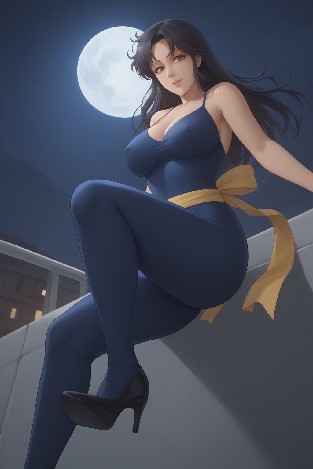 (masterpiece, best quality, 32K Ultra HD anime, ultra high resolution, 1980s /(style/), traditional media, perfect human anatomy, perfect anatomy),
(front view, shot from below), looking at the camera, highlights on breasts,
(fh1to), mature woman, solo,
((long hair, black hair, straight hair, messy hair, unevenly parted bangs, beautiful thin long eyebrows, (brown eyes, thin eyes, kind eyes), pink lips, blushing, teary eyes, smiling), heavy breathing, white breath, slightly open mouth, drooling,
attractive body, plump body, voluptuous body, beautiful collarbone line, (large breasts; 0.5, firm breasts, traces of erect nipples), beautiful deep cleavage, beautiful hands, (beautiful fingers, four fingers, one thumb), smooth stomach, slightly wide waist; 0.7, slightly large buttocks; 0.1, beautiful Beautiful pussy line, beautiful legs, beautiful knees, beautiful calves, (beautiful toes, four fingers, one thumb),
(blue_catsuit_yellow_belt, yellow scarf around waist, blue tights, blue high heels),
(jumping in, hugging, jumping, arms wide open, legs wide open, at the viewer, from high up, with the moon at her back, in the darkness of the night),
(rooftop scenery, big building, iron piping, air conditioner, searchlight, iron door, iron fence, night, big moon behind),
core_9_up, score_8_up, score_7_up, score_6_up, source_anime, BREAK, score_9, score_4_up, score_5_up,