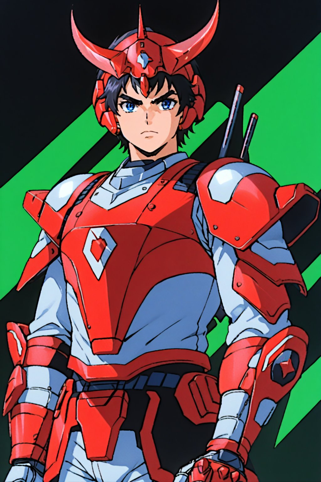 (Excellent, Best Quality, 16K Ultra HD Anime, 1980s /(style/), ultra high resolution, perfect human anatomy, perfect anatomy),
(front view, shot from the front),
(rekka), 1boy, solo, cool guy,
handsome face, detailed face, (short hair, black hair, (muscular eyebrows), (detailed eyes, blue eyes), straight face),
beautiful hands, (beautiful fingertips, four fingers, one thumb),
smooth stomach,
((red helmet, (two horns, blade-like, crescent-shaped, silver)), (armor gear, red armor, four diamond marks on shoulders, yellow)), (under gear, white undersuit, grey belly suit), (Japanese sword, two)),
(cool fighting pose, in empty space),
(green background, empty space),
score_9_up, score_8_up, score_7_up, score_6_up, source_anime, BREAK,