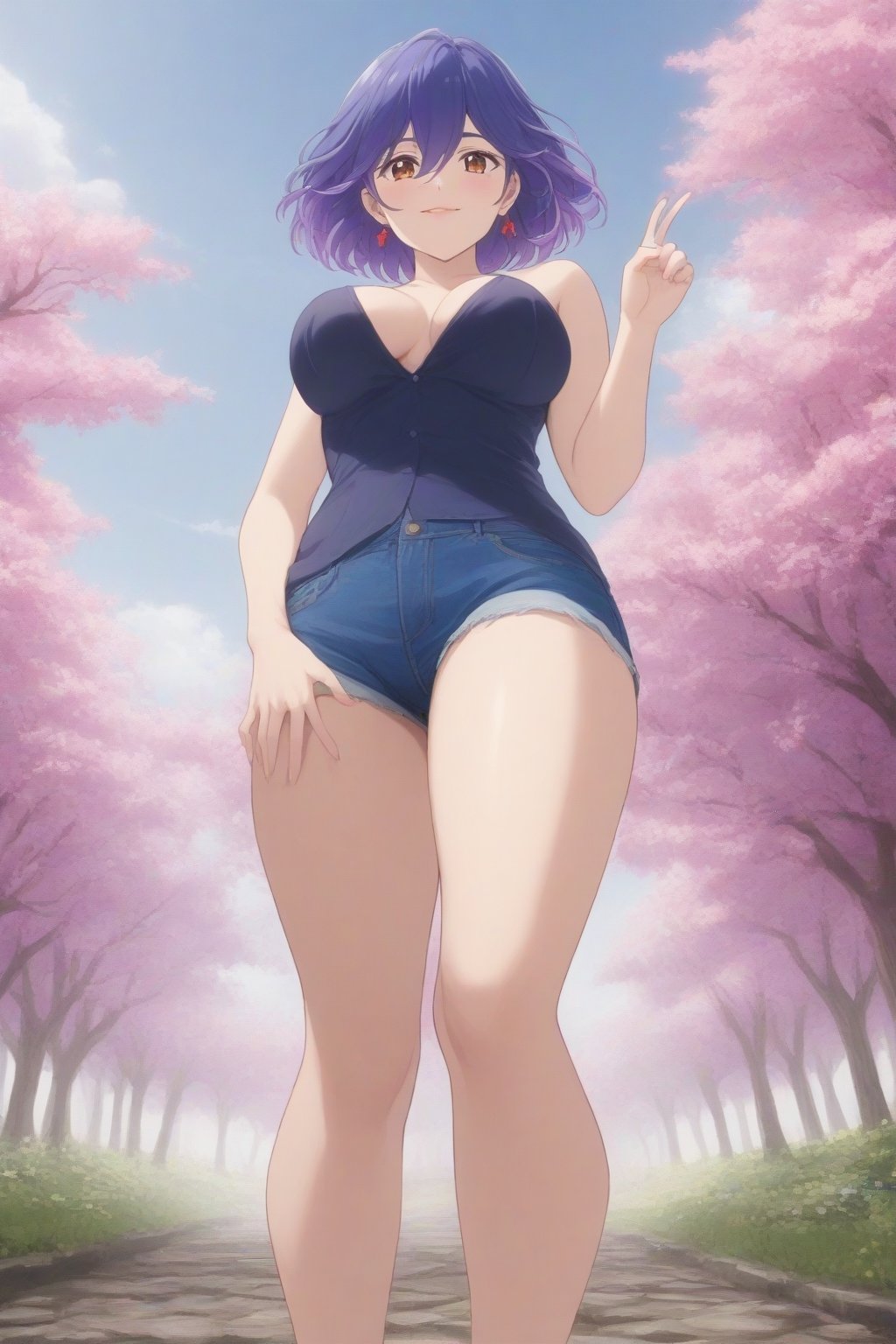 (masterpiece, best quality, 32K ultra HD anime, super high resolution, 1980s /(style/), perfect human anatomy, perfect anatomy), (side view, shot from below), looking at the camera, highlights of breasts,
(vermeil), mature woman, solo,
((short hair, (blue hair, wavy hair, gradient hair, purple hair with tips)), thick parted bangs, hair between eyes, beautiful thin long eyebrows, brown eyes, red rose earrings, pink lips, blush, smiling), (slightly pouting),
((dress shirt), beautiful cleavage, denim shorts), black pumps,
attractive body, high body, beautiful clavicle line, (large breasts; 1.0, firm, firm), beautiful hands, (beautiful fingers, four fingers, one thumb), slightly wide hips; 0.7, slightly large buttocks; 0.8, beautiful_legs, beautiful_knees, beautiful_calves, (beautiful_toes, 4 fingers, 1 thumb),
(standing, legs apart, facing up, on cobblestones), (spring park, cherry blossoms in full bloom, cherry tree, cherry blossoms blowing in the wind),
, core_9_up, score_8_up, score_7_up, score_6_up, source_anime,