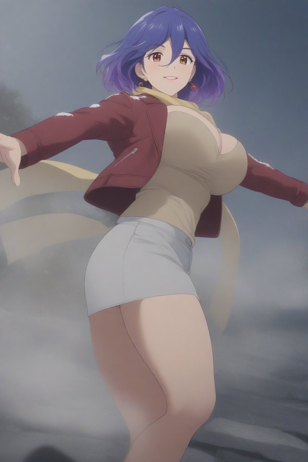 (masterpiece, best quality, 32K ultra HD anime, super high resolution, 1980s /(style/), perfect human anatomy, perfect anatomy), (side view, shot from below), looking at the camera, highlights of breasts,
(vermeil), mature woman, solo,
((short hair, (blue hair, wavy hair, gradient hair, purple hair with tips)), thick parted bangs, hair between eyes, beautiful thin long eyebrows, brown eyes, red rose earrings, pink lips, blush, smiling), (mouth slightly open),
((red leather jacket, yellow scarf), beautiful cleavage, denim skirt), black stockings, black boots,
attractive body, high body, beautiful clavicle line, (huge breasts; 0.3, firm firmness), beautiful hands, (beautiful fingers, 4 fingers, 1 thumb), slightly wide hips; 0.7, a little big_butt; 0.8, beautiful_legs, beautiful_knees, beautiful_calves, (beautiful_toes, 4 fingers, 1 thumb),
(dancing, dancing, legs wide open, doing various poses with both hands, on the cobblestones), (winter park, falling snow, blizzard, silver world),
, core_9_up, score_8_up, score_7_up, score_6_up, source_anime, BREAK, score_9,