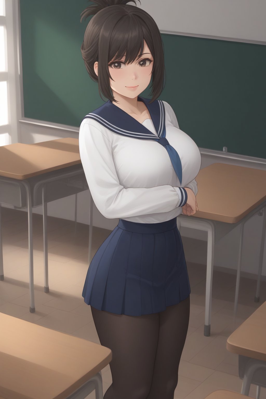 (masterpiece, best quality, 32K ultra HD anime, super high resolution, 1980s /(style/), perfect human anatomy, perfect anatomy, NSFW), (side view, shot from above), looking at camera, highlights of breasts,
(kanakojixl), mature woman, solo,
((short hair, black hair, folded ponytail, unevenly parted bangs, beautiful thin long eyebrows, black eyes, pink lips, blushing, smiling), (mouth slightly open),
navy blue sailor uniform collar, white shirt, navy blue sailor uniform skirt, black thong panties, black pantyhose, school shoes,
attractive body, beautiful collarbone line, (large breasts; 0.3, firm, firm), beautiful hands, (beautiful fingers, 4 fingers, 1 thumb), slightly wide hips; 0.7, slightly large ass; 0.8, beautiful_legs, beautiful_knees, beautiful_calves, (beautiful_toes, 4_fingers, 1_thumb),
(standing, facing forward, legs wide open, hands clutching chest, in classroom), (school scene, dim light, classroom, podium, large blackboard, timetable, TV monitor),
, core_9_up, score_8_up, score_7_up, score_6_up, source_anime, BREAK, score_9,