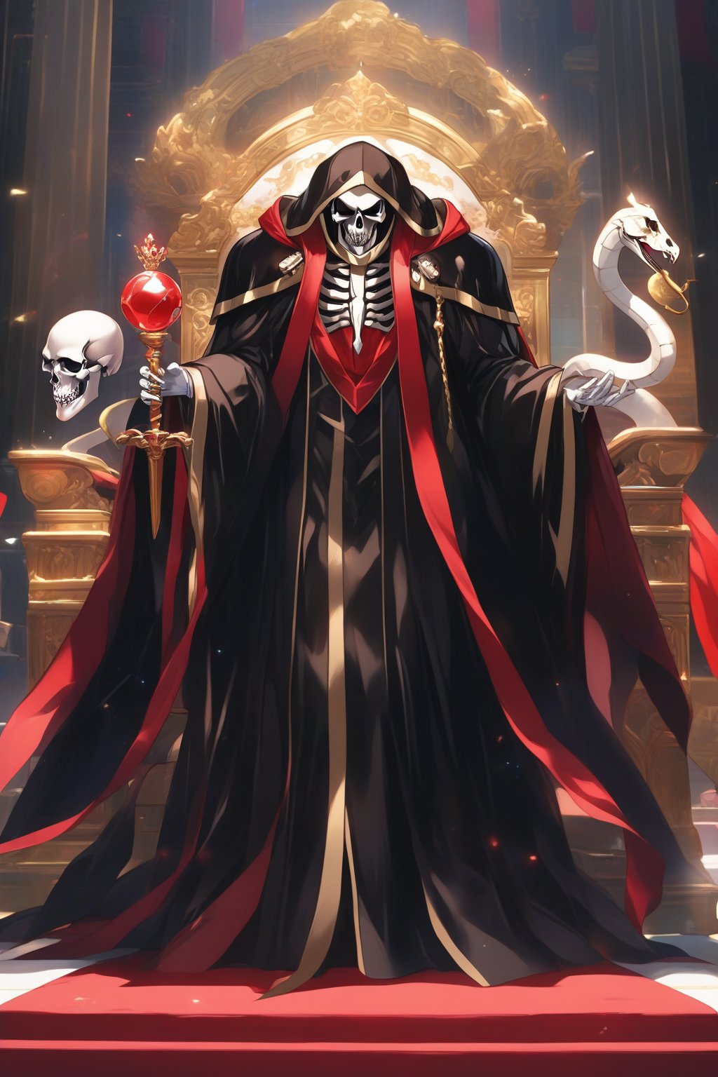 (masterpiece, best quality, 32K ultra-high resolution oil painting, super high resolution, artistic shading, accurate human anatomy, perfect anatomy),
(side view, bottom angle), full body shot, (eyes on camera),
Ainz Ooal Gown \(Overlord\), one boy, solo,
white skull, white skeleton, red eyes, glowing, glowing red ball in chest,
black hood with gold trim, (white giant shoulder pads, red balls inlaid), (black robe, purple trim), (scepter, snake holds seven-colored gem on staff),
(palace background, huge stone pillars lined up, (red carpet, gold trim), luxurious throne, steps to the throne, huge coat of arms flag),
core_9_up, score_8_up, score_7_up, score_6_up, source_anime,