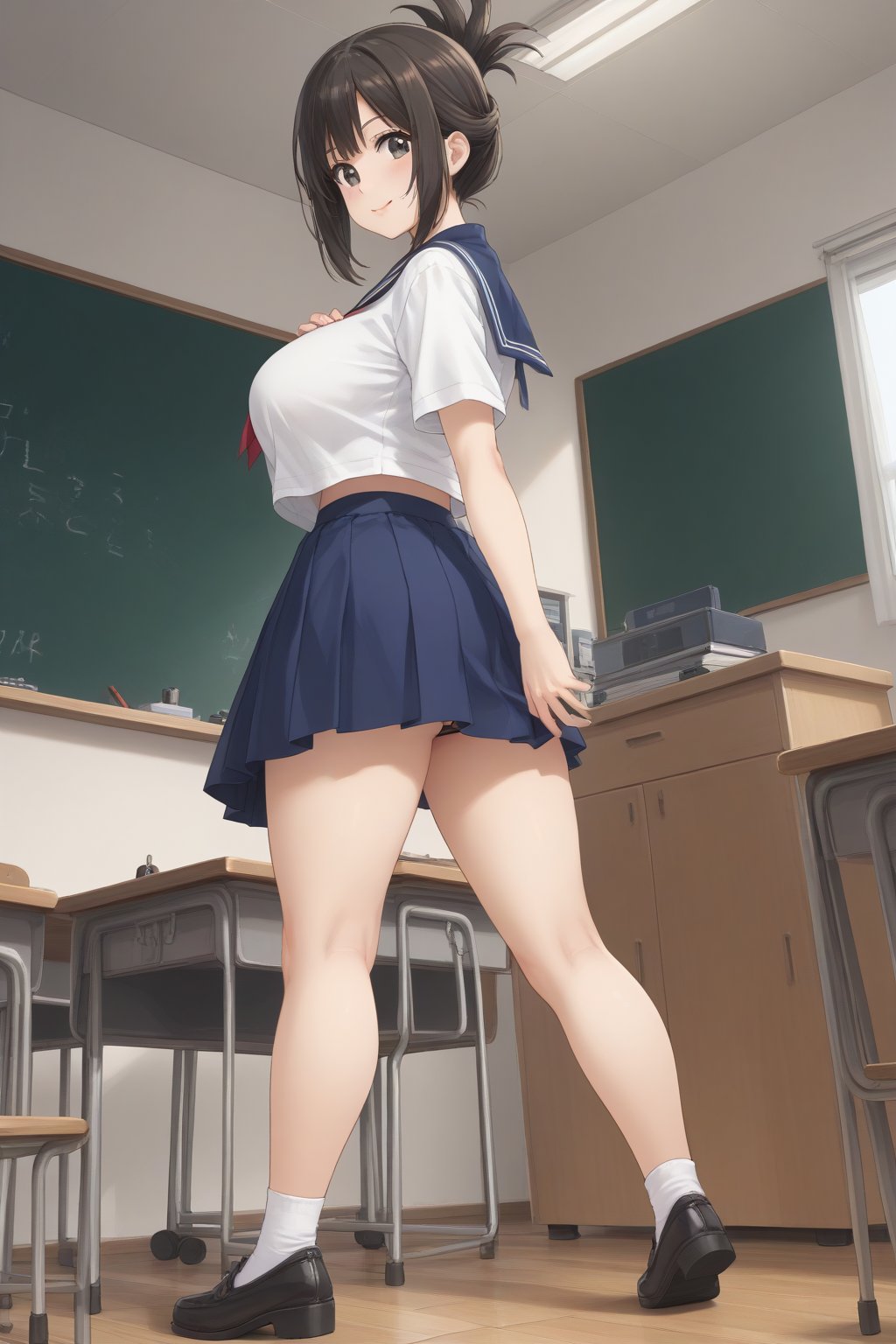 (masterpiece, best quality, 32K ultra HD anime, super high resolution, 1980s /(style/), perfect human anatomy, perfect anatomy, NSFW), (side view, shot from below), looking at camera, highlights of breasts,
(kanakojixl), mature woman, solo,
((short hair, black hair, folded ponytail, unevenly parted bangs, beautiful thin long eyebrows, black eyes, pink lips, blushing, smiling), (mouth slightly open),
navy blue sailor uniform collar, white shirt, navy blue sailor uniform skirt, black thong panties, school shoes,
attractive body, beautiful collarbone line, (large breasts; 0.3, firm, firm), beautiful hands, (beautiful fingers, 4 fingers, 1 thumb), slightly wide hips; 0.7, slightly large ass; 0.8, beautiful_legs, beautiful_knees, beautiful_calves, (beautiful_toes, 4_fingers, 1_thumb),
(standing, facing forward, legs wide open, hands clutching chest, in classroom), (school scene, dim light, classroom, podium, large blackboard, timetable, TV monitor),
, core_9_up, score_8_up, score_7_up, score_6_up, source_anime, BREAK, score_9,