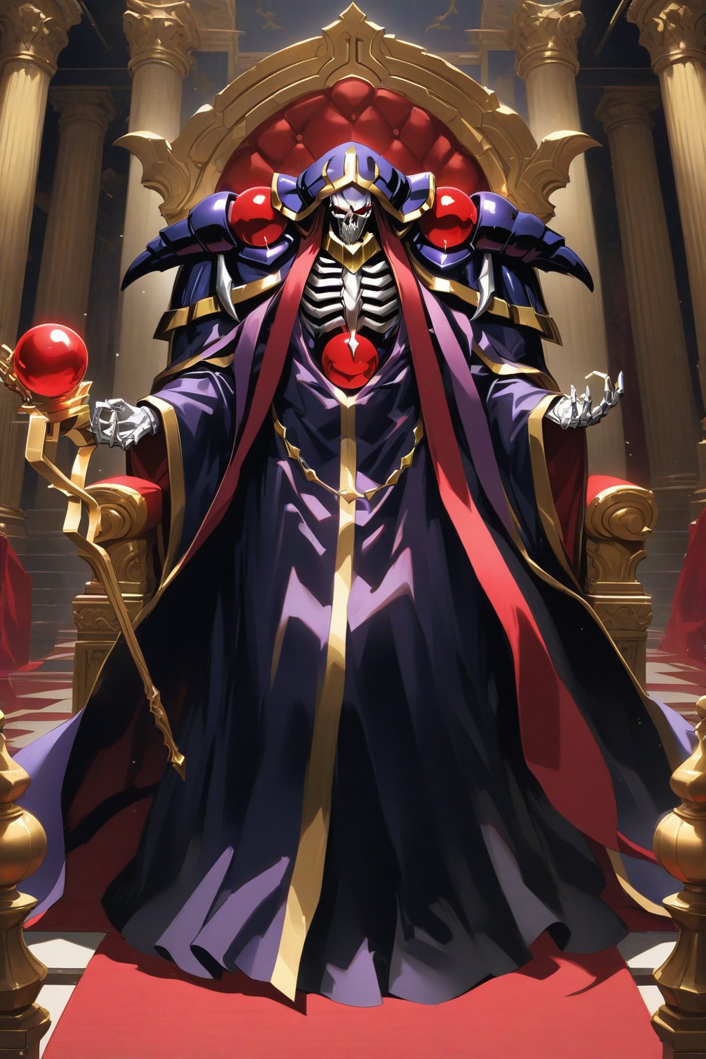 (masterpiece, best quality, 32K ultra-high resolution oil painting, super high resolution, artistic shading, accurate human anatomy, perfect anatomy),
(side view, bottom angle), full body shot, (eyes on camera),
Ainz Ooal Gown \(Overlord\), one boy, solo,
white skull, white skeleton, red eyes, glowing, glowing red ball in chest,
black hood with gold trim, (white giant shoulder pads, red balls inlaid), (black robe, purple trim), (scepter, snake holds seven-colored gem on staff),
(palace background, huge stone pillars lined up, (red carpet, gold trim), luxurious throne, steps to the throne, huge coat of arms flag),
core_9_up, score_8_up, score_7_up, score_6_up, source_anime,