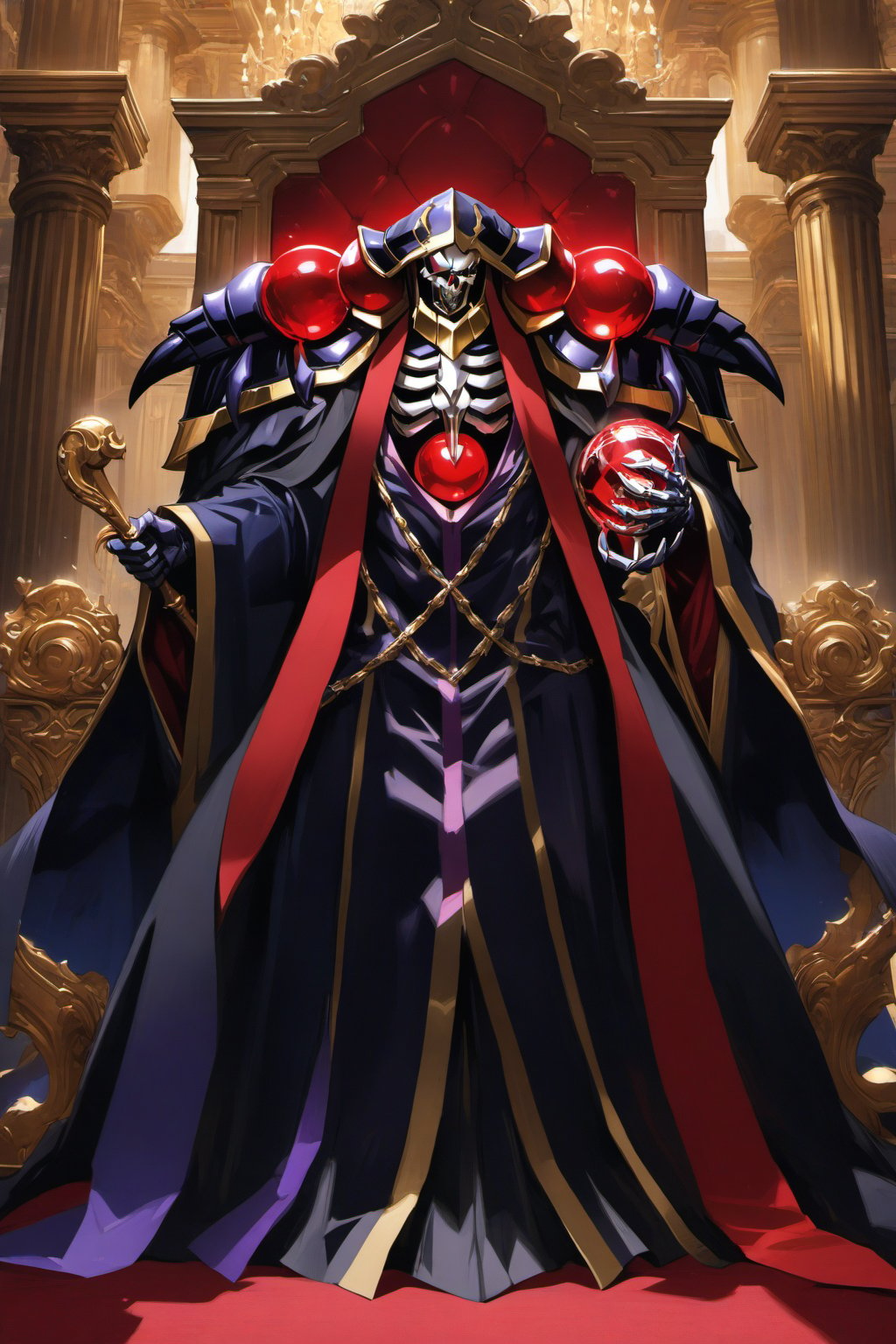 (masterpiece, best quality, 32K ultra-high resolution oil painting, super high resolution, artistic shading, accurate human anatomy, perfect anatomy),
(side view, bottom angle), full body shot, (eyes on camera),
Ainz Ooal Gown \(Overlord\), one boy, solo,
white skull, white skeleton, red eyes, glowing, glowing red ball in chest,
black hood with gold trim, (white giant shoulder pads, red balls inlaid), (black robe, purple trim), (scepter, snake holds seven-colored gem on staff),
(palace background, huge stone pillars lined up, (red carpet, gold trim), luxurious throne, steps to the throne, huge coat of arms flag),
core_9_up, score_8_up, score_7_up, score_6_up, source_anime,