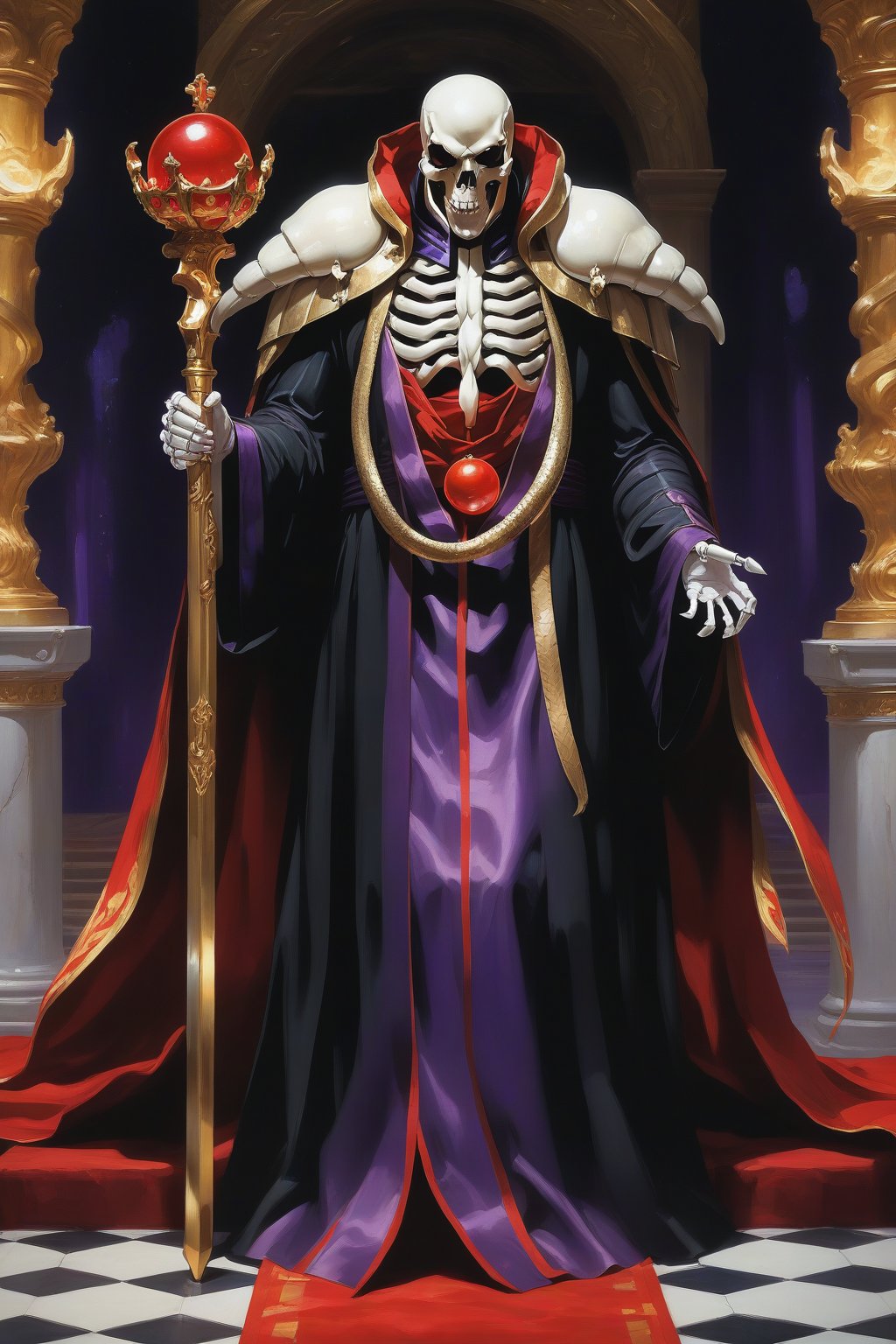 (masterpiece, best quality, 32K ultra-high resolution oil painting, super high resolution, artistic shading, accurate human anatomy, perfect anatomy),
(side view, bottom angle), full body shot, (eyes on camera),
Ainz Ooal Gown \(Overlord\), one boy, solo,
white skull, white skeleton, red eyes, glowing, glowing red ball in chest,
black hood with gold trim, (white giant shoulder pads, red balls inlaid), (black robe, purple trim), (scepter, snake holds seven-colored gem on staff),
(palace background, huge stone pillars lined up, (red carpet, gold trim), luxurious throne, steps to the throne, huge coat of arms flag),
core_9_up, score_8_up, score_7_up, score_6_up, source_anime,