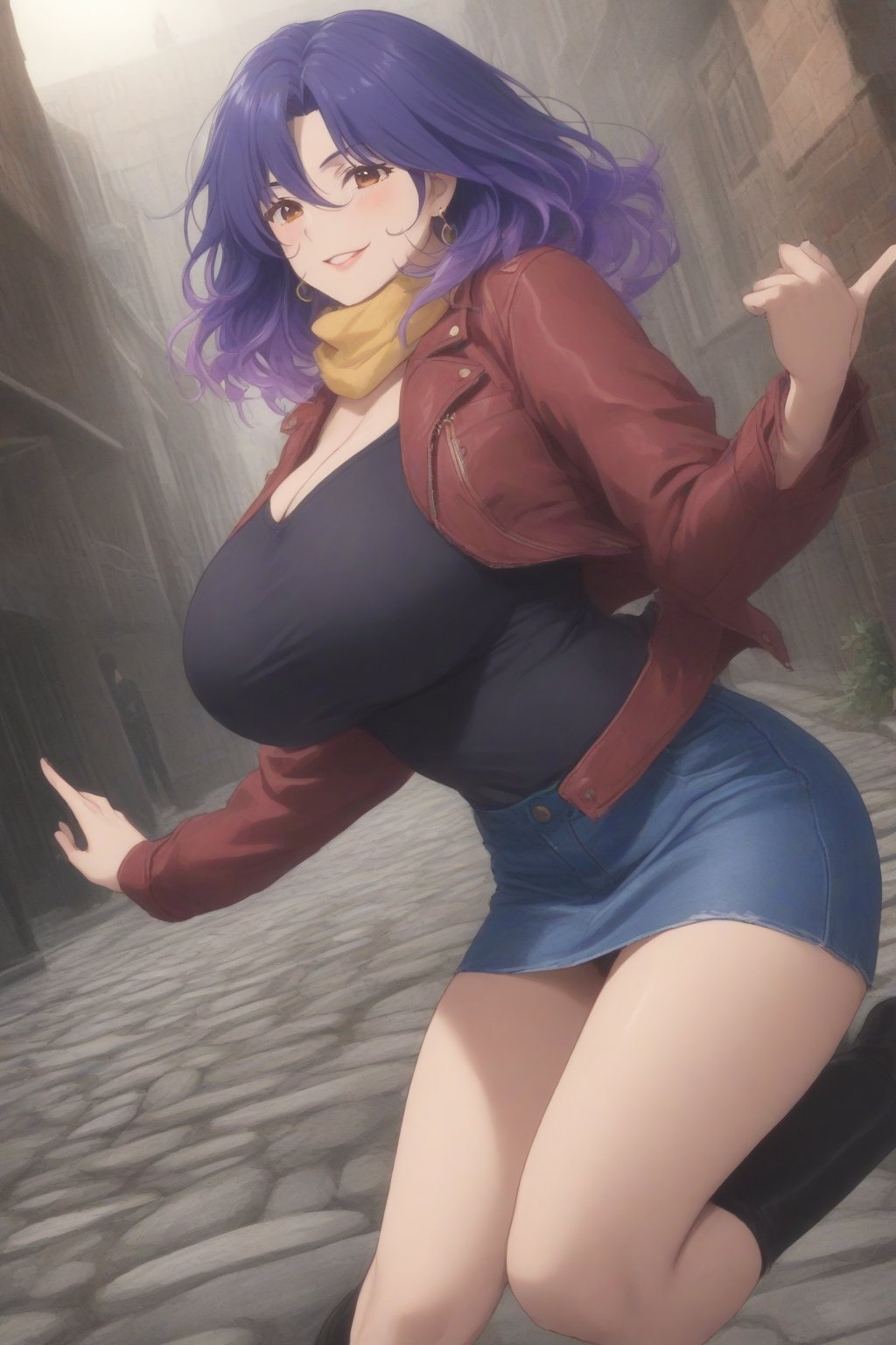 (masterpiece, best quality, 32K ultra HD anime, super high resolution, 1980s /(style/), perfect human anatomy, perfect anatomy), (side view, shot from below), looking at the camera, highlights of breasts,
(vermeil), mature woman, solo,
((short hair, (blue hair, wavy hair, gradient hair, purple hair with tips)), thick parted bangs, hair between eyes, beautiful thin long eyebrows, brown eyes, red rose earrings, pink lips, blush, smiling), (mouth slightly open),
((red leather jacket, yellow scarf), beautiful cleavage, denim skirt), black stockings, black boots,
attractive body, high body, beautiful clavicle line, (huge breasts; 0.3, firm firmness), beautiful hands, (beautiful fingers, 4 fingers, 1 thumb), slightly wide hips; 0.7, a little big_butt; 0.8, beautiful_legs, beautiful_knees, beautiful_calves, (beautiful_toes, 4 fingers, 1 thumb),
(dancing, dancing, legs wide open, doing various poses with both hands, on the cobblestones), (winter park, falling snow, blizzard, silver world),
, core_9_up, score_8_up, score_7_up, score_6_up, source_anime, BREAK, score_9,