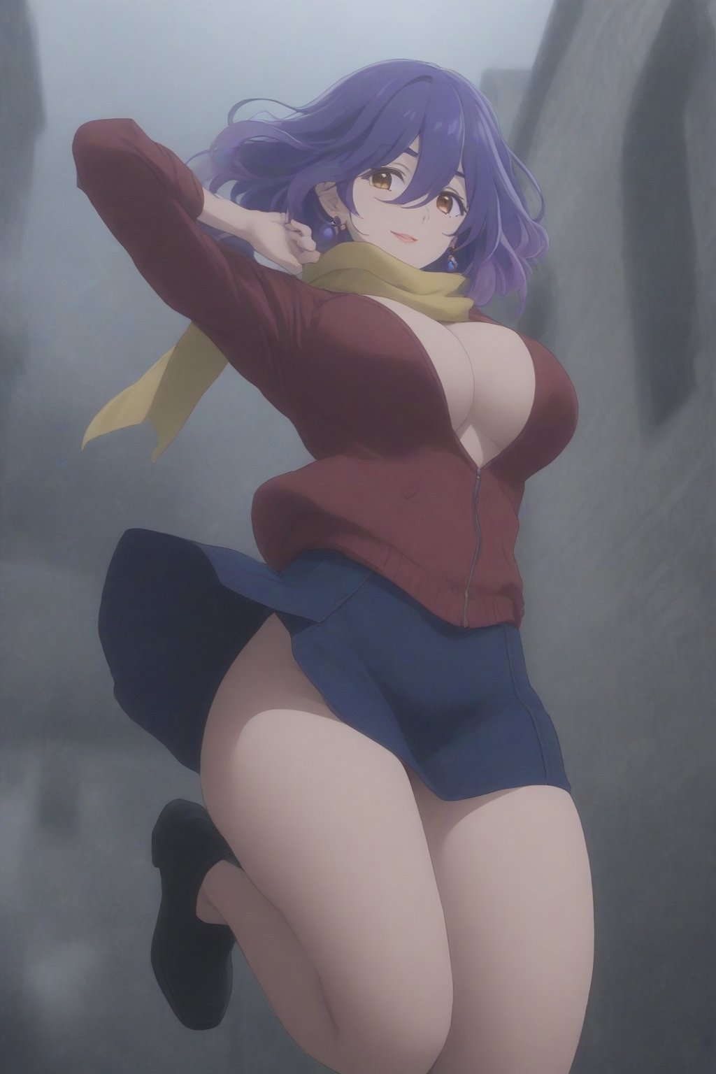 (masterpiece, best quality, 32K ultra HD anime, super high resolution, 1980s /(style/), perfect human anatomy, perfect anatomy), (side view, shot from below), looking at the camera, highlights of breasts,
(vermeil), mature woman, solo,
((short hair, (blue hair, wavy hair, gradient hair, purple hair with tips)), thick parted bangs, hair between eyes, beautiful thin long eyebrows, brown eyes, red rose earrings, pink lips, blush, smiling), (mouth slightly open),
((red leather jacket, yellow scarf), beautiful cleavage, denim skirt), black stockings, black boots,
attractive body, high body, beautiful clavicle line, (huge breasts; 0.3, firm firmness), beautiful hands, (beautiful fingers, 4 fingers, 1 thumb), slightly wide hips; 0.7, a little big_butt; 0.8, beautiful_legs, beautiful_knees, beautiful_calves, (beautiful_toes, 4 fingers, 1 thumb),
(dancing, dancing, legs wide open, doing various poses with both hands, on the cobblestones), (winter park, falling snow, blizzard, silver world),
, core_9_up, score_8_up, score_7_up, score_6_up, source_anime, BREAK, score_9,