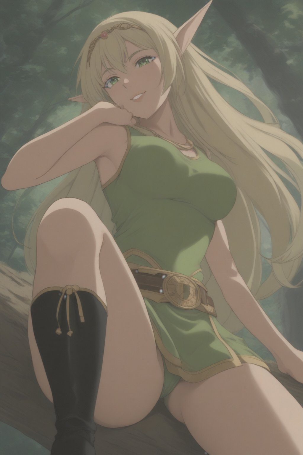 (masterpiece, best quality, 32K ultra HD anime, super high resolution, 1980s /(style/), perfect human anatomy, perfect anatomy), (side view, shot from below), looking at camera, highlights breasts,
(Deedlit), mature woman, elf, solo,
((long hair, blonde hair, center parted bangs, circlet, beautiful long thin eyebrows, lime green eyes, big elven ears, pointed ears, pink lips, blushing, smiling), (mouth slightly open),
(((Deedlit's lime green dress, sleeveless, gold trimmed), (green armor, gold trimmed)), belt, (lime green short skirt, gold trimmed)), black stockings, black boots,
attractive body, high body, beautiful clavicle line, (large breasts; 0.3, firm, firm), beautiful_hands, (beautiful_fingers, 4 fingers, 1 thumb), slightly wide_waist; 0.7, slightly large_buttocks; 0.8, beautiful_legs, beautiful_knees, beautiful_calves, (beautiful_toes, 4 fingers, 1 thumb),
(sitting, on a tree branch, legs wide open, on a big tree branch), (forest scenery, big tree branch, big tree, deep forest),
, core_9_up, score_8_up, score_7_up, score_6_up, source_anime, BREAK, score_9,