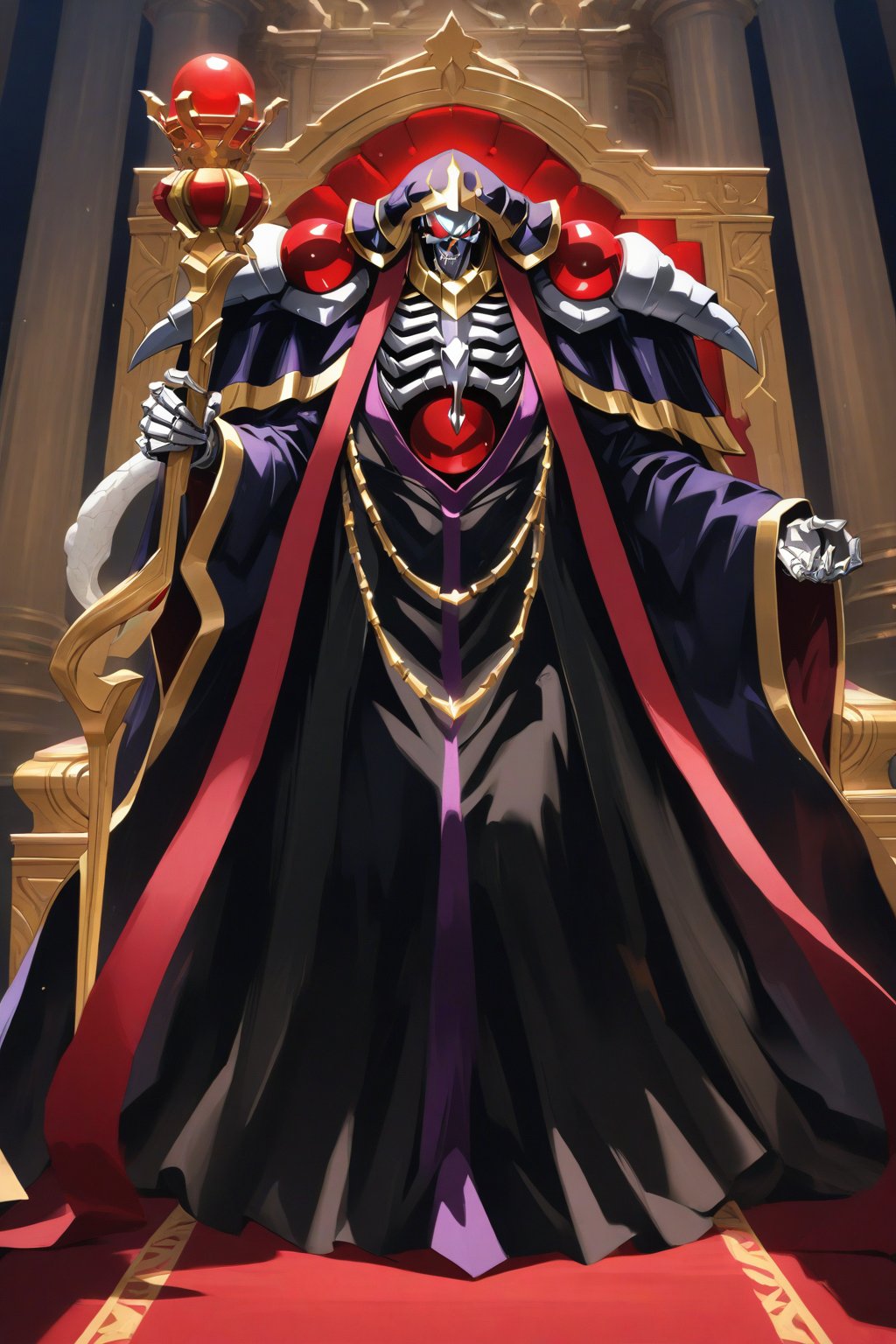 (masterpiece, best quality, 32K ultra-high resolution oil painting, super high resolution, artistic shading, accurate human anatomy, perfect anatomy),
(side view, bottom angle), full body shot, (eyes on camera),
Ainz Ooal Gown \(Overlord\), one boy, solo,
white skull, white skeleton, red eyes, glowing, glowing red ball in chest,
black hood with gold trim, (white giant shoulder pads, red balls inlaid), (black robe, purple trim), (scepter, seven-colored gemstone object held by snake on staff),
(palace background, huge stone pillars lined up, (red carpet, gold trim), luxurious throne, steps to the throne, huge coat of arms flag),
core_9_up, score_8_up, score_7_up, score_6_up, source_anime,