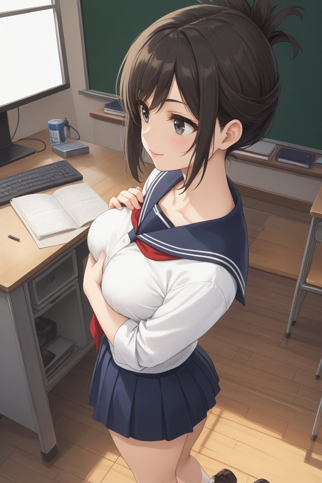 (masterpiece, best quality, 32K ultra HD anime, super high resolution, 1980s /(style/), perfect human anatomy, perfect anatomy, NSFW), (side view, shot from above), looking at camera, highlights of breasts,
(kanakojixl), mature woman, solo,
((short hair, black hair, folded ponytail, unevenly parted bangs, beautiful thin long eyebrows, black eyes, pink lips, blushing, smiling), (mouth slightly open),
navy blue sailor uniform collar, white shirt, navy blue sailor uniform skirt, black thong panties, school shoes,
attractive body, beautiful collarbone line, (large breasts; 0.3, firm, firm), beautiful hands, (beautiful fingers, 4 fingers, 1 thumb), slightly wide hips; 0.7, slightly large ass; 0.8, beautiful_legs, beautiful_knees, beautiful_calves, (beautiful_toes, 4_fingers, 1_thumb),
(standing, facing forward, legs wide open, hands clutching chest, in classroom), (school scene, dim light, classroom, podium, large blackboard, timetable, TV monitor),
, core_9_up, score_8_up, score_7_up, score_6_up, source_anime, BREAK, score_9,