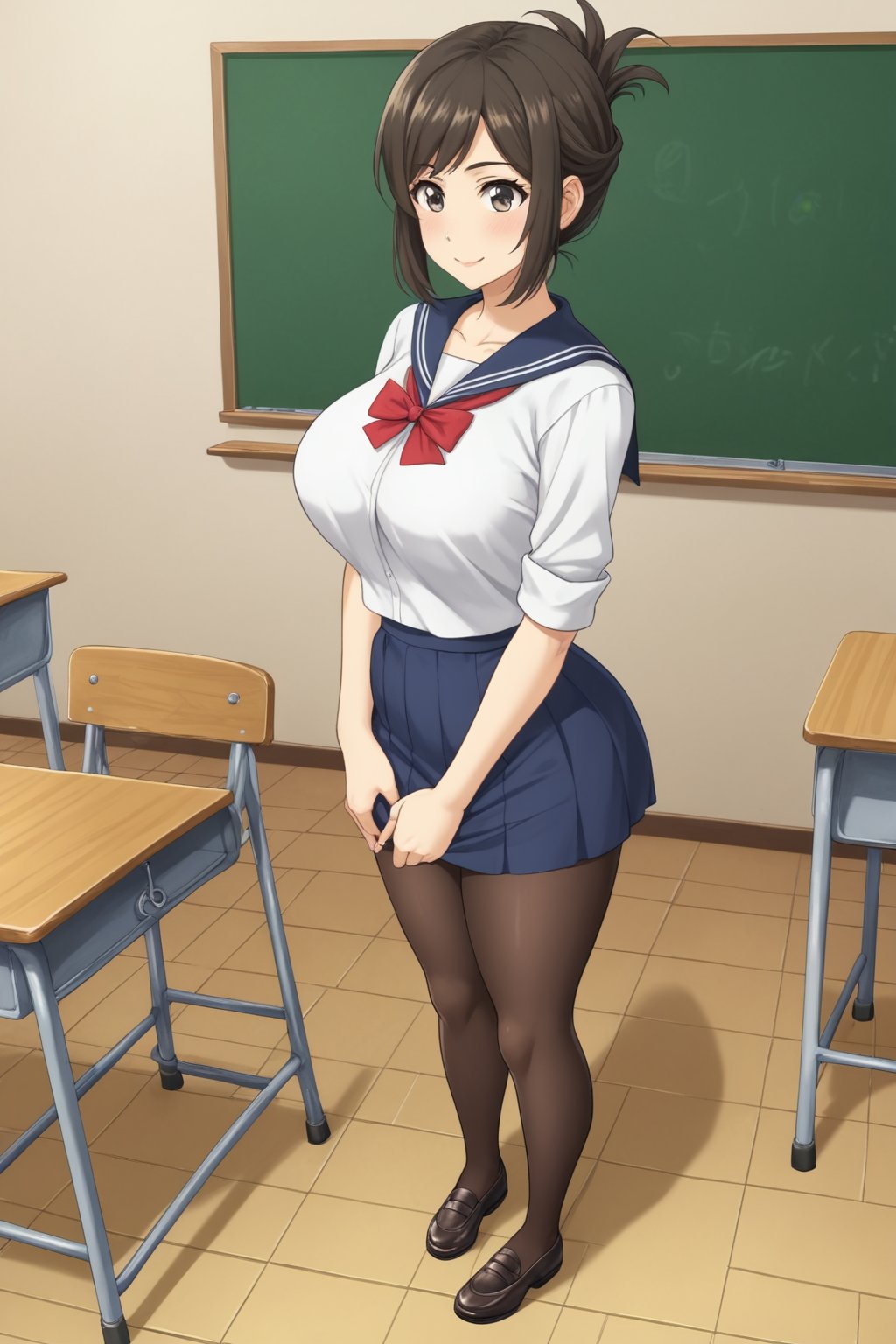 (masterpiece, best quality, 32K ultra HD anime, super high resolution, 1980s /(style/), perfect human anatomy, perfect anatomy, NSFW), (side view, shot from above), looking at camera, highlights of breasts,
(kanakojixl), mature woman, solo,
((short hair, black hair, folded ponytail, unevenly parted bangs, beautiful thin long eyebrows, black eyes, pink lips, blushing, smiling), (mouth slightly open),
navy blue sailor uniform collar, white shirt, navy blue sailor uniform skirt, black thong panties, black pantyhose, school shoes,
attractive body, beautiful collarbone line, (large breasts; 0.3, firm, firm), beautiful hands, (beautiful fingers, 4 fingers, 1 thumb), slightly wide hips; 0.7, slightly large ass; 0.8, beautiful_legs, beautiful_knees, beautiful_calves, (beautiful_toes, 4_fingers, 1_thumb),
(standing, facing forward, legs wide open, hands clutching chest, in classroom), (school scene, dim light, classroom, podium, large blackboard, timetable, TV monitor),
, core_9_up, score_8_up, score_7_up, score_6_up, source_anime, BREAK, score_9,