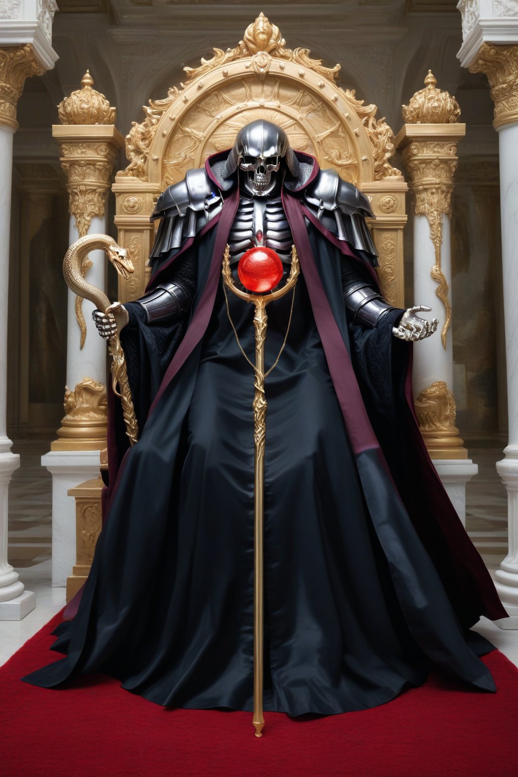 (masterpiece, best quality, 32K ultra-high resolution oil painting, super high resolution, artistic shading, accurate human anatomy, perfect anatomy),
(side view, bottom angle), full body shot, (eyes on camera),
Ainz Ooal Gown \(Overlord\), one boy, solo,
white skull, white skeleton, red eyes, glowing, glowing red ball in chest,
black hood with gold trim, (white giant shoulder pads, red balls inlaid), (black robe, purple trim), (scepter, snake holds seven-colored gem on staff),
(palace background, huge stone pillars lined up, (red carpet, gold trim), luxurious throne, steps to the throne, huge coat of arms flag),
core_9_up, score_8_up, score_7_up, score_6_up, source_anime,