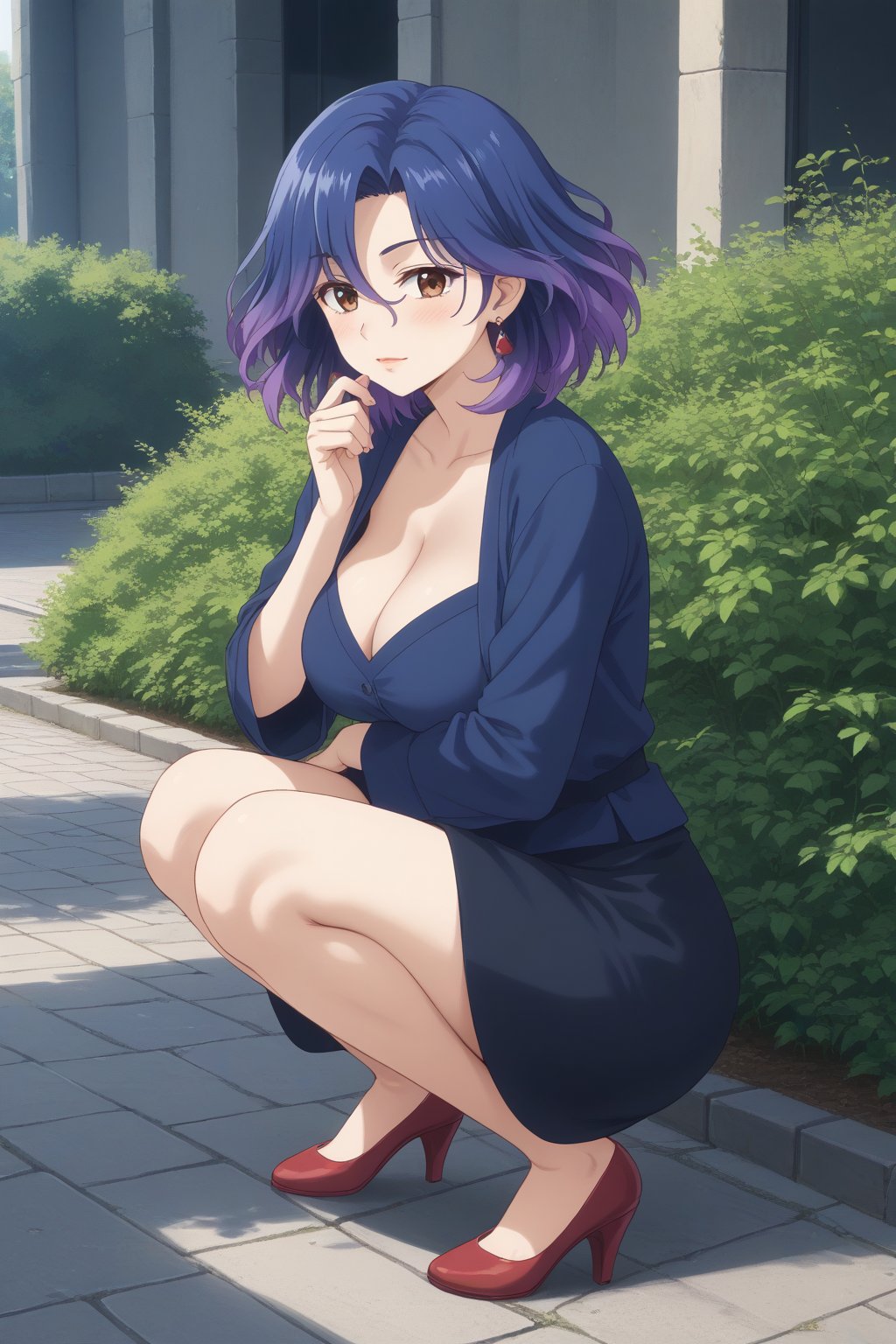 (masterpiece, best quality, 32K ultra HD anime, super high resolution, 1980s /(style/), perfect human anatomy, perfect anatomy), (side view, front shot), looking at camera, highlights of breasts,
(vermeil), mature woman, solo,
((short hair, (blue hair, wavy hair, gradient hair, purple hair)), thick parted bangs, hair between eyes, beautiful thin long eyebrows, brown eyes, red rose earrings, pink lips, blushing, serious face), (slightly pouting),
((navy blue shirt), beautiful cleavage, navy blue mini skirt), red high heels,
attractive body, high body, beautiful clavicle line, (huge breasts; 1.0, firm, firm), beautiful hands, (beautiful fingers, 4 fingers, 1 thumb), slightly wide hips; 0.7, slightly large buttocks; 0.8, beautiful_legs, beautiful_knees, beautiful_calves, (beautiful_toes, 4 fingers, 1 thumb),
(squatting with legs together, half-squatting, facing forward, on cobblestones), (stroking a puppy's head), (spring park scenery, cherry trees in full bloom, cherry blossoms fluttering in the wind),
, core_9_up, score_8_up, score_7_up, score_6_up, source_anime,