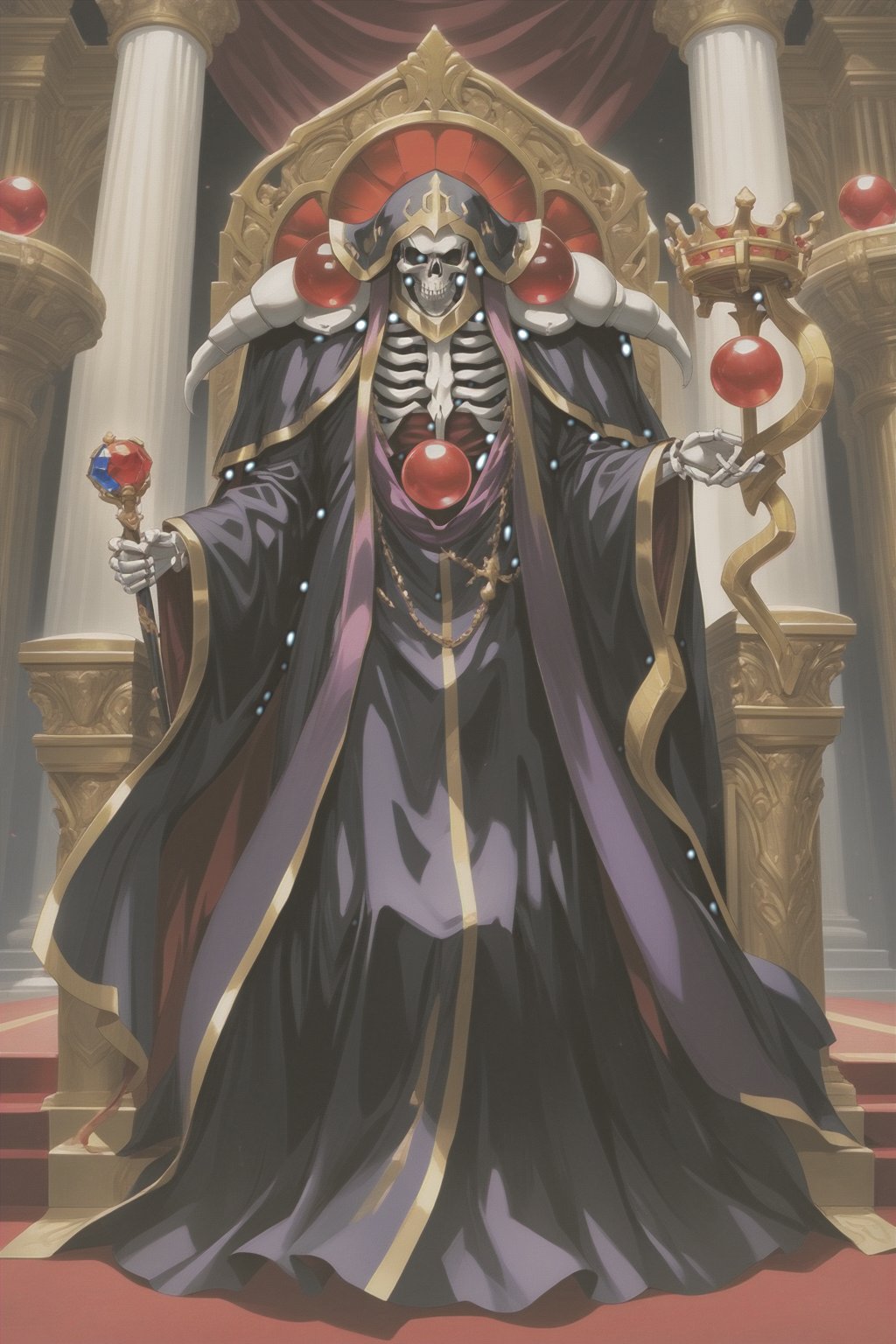 (masterpiece, best quality, 32K ultra-high resolution oil painting, super high resolution, artistic shading, accurate human anatomy, perfect anatomy),
(side view, bottom angle), full body shot, (eyes on camera),
Ainz Ooal Gown \(Overlord\), one boy, solo,
white skull, white skeleton, red eyes, glowing, glowing red ball in chest,
black hood with gold trim, (white giant shoulder pads, red balls inlaid), (black robe, purple trim), (scepter, snake holds seven-colored gem on staff),
(palace background, huge stone pillars lined up, (red carpet, gold trim), luxurious throne, steps to the throne, huge coat of arms flag),
core_9_up, score_8_up, score_7_up, score_6_up, source_anime,