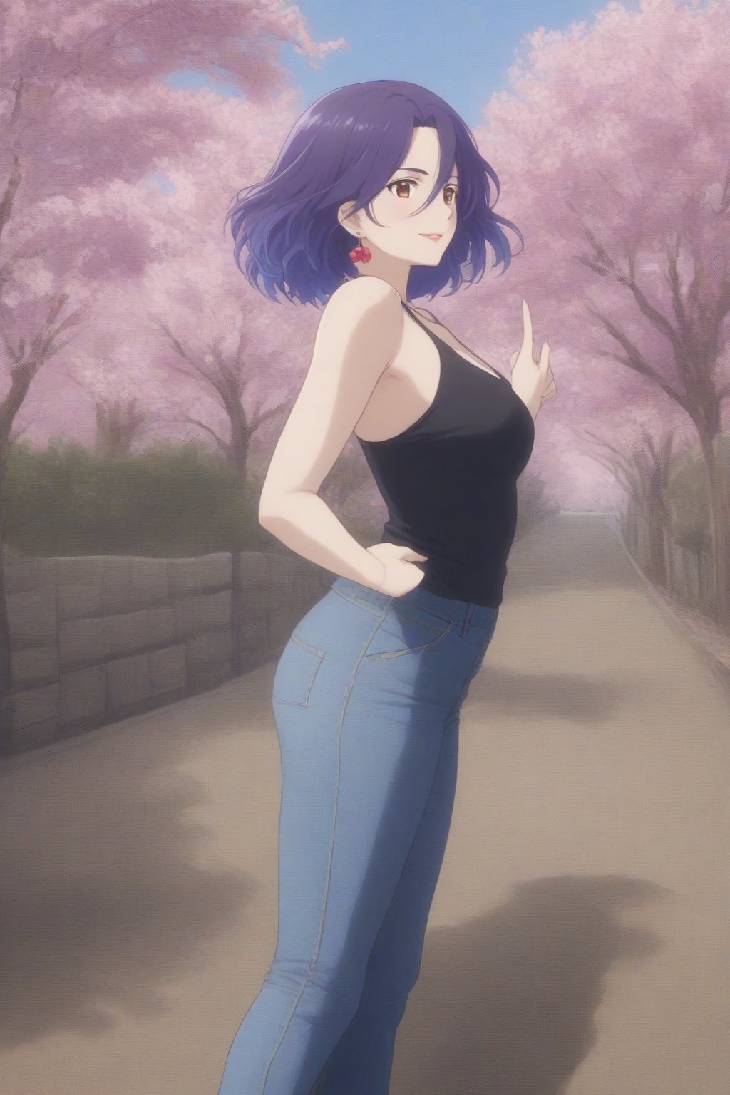 (masterpiece, best quality, 32K ultra HD anime, super high resolution, 1980s /(style/), perfect human anatomy, perfect anatomy), (side view, shot from below), looking at the camera, highlights of breasts,
(vermeil), mature woman, solo,
((short hair, (blue hair, wavy hair, gradient hair, purple hair with tips)), thick parted bangs in the middle, hair between the eyes, beautiful thin long eyebrows, brown eyes, red rose earrings, pink lips, blushing, smiling), (slightly pouting),
((dress shirt), beautiful cleavage, jeans pants), black pumps,
attractive body, high body, beautiful clavicle line, (large breasts; 1.0, firm, firm), beautiful hands, (beautiful fingers, four fingers, one thumb), slightly wide hips; 0.7, slightly large buttocks; 0.8, beautiful_legs, beautiful_knees, beautiful_calves, (beautiful_toes, 4 fingers, 1 thumb),
(standing, legs apart, facing up, on cobblestones), (spring park, cherry blossoms in full bloom, cherry tree, cherry blossoms blowing in the wind),
, core_9_up, score_8_up, score_7_up, score_6_up, source_anime,