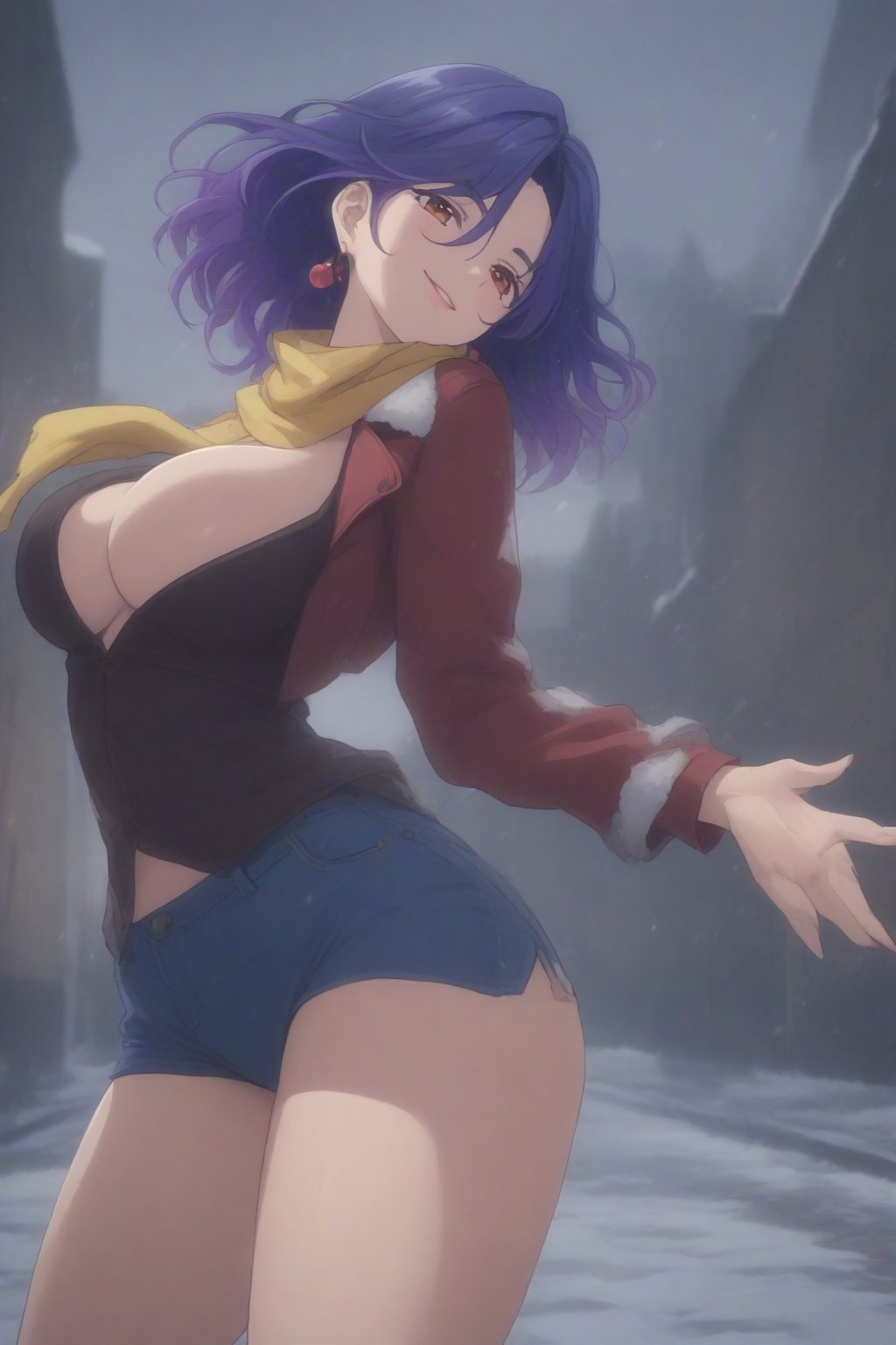 (masterpiece, best quality, 32K ultra HD anime, super high resolution, 1980s /(style/), perfect human anatomy, perfect anatomy), (side view, shot from below), looking at the camera, highlights of breasts,
(vermeil), mature woman, solo,
((short hair, (blue hair, wavy hair, gradient hair, purple hair with tips)), thick parted bangs, hair between eyes, beautiful thin long eyebrows, brown eyes, red rose earrings, pink lips, blush, smiling), (mouth slightly open),
((red leather jacket, yellow scarf), beautiful cleavage, denim skirt), black stockings, black boots,
attractive body, high body, beautiful clavicle line, (huge breasts; 0.3, firm firmness), beautiful hands, (beautiful fingers, 4 fingers, 1 thumb), slightly wide hips; 0.7, a little big_butt; 0.8, beautiful_legs, beautiful_knees, beautiful_calves, (beautiful_toes, 4 fingers, 1 thumb),
(dancing, dancing, legs wide open, doing various poses with both hands, on the cobblestones), (winter park, falling snow, blizzard, silver world),
, core_9_up, score_8_up, score_7_up, score_6_up, source_anime, BREAK, score_9,