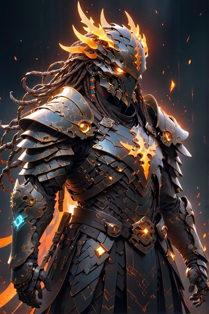 (masterpiece, best quality:1.5), EpicLogo, dark energy glowing armor, plated cyber armor, gold irradiated armor, luminous serious face, look on viewer, eagle style, central view, hyper real, hues, Movie Still, gothic, full body, cinematic scene, intricate mech details , ground level shot, 8K resolution, Cinema 4D, Behance HD, polished metal, shiny, data, ethereal fire emitting from armor, hair in dreadlock braids, cross on chest plate, glowing sword in hand, dragon fire background