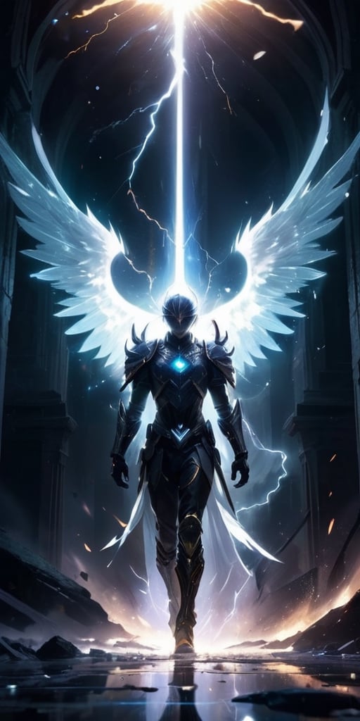 Generate hyper realistic image of a angelic ancient entity with a shattered, crystalline form, each shard pulsating with ethereal energy, ruling an ethereal dimension filled with fractured landscapes and distorted reality.angel fire background, higher dimensional, broken mirror,broken glass,broken reality 16k, weapons in hand ,battle armor l,irradiated energy in veins, immortal warrior, electricity everywhere,lightning bolts, mirror realm