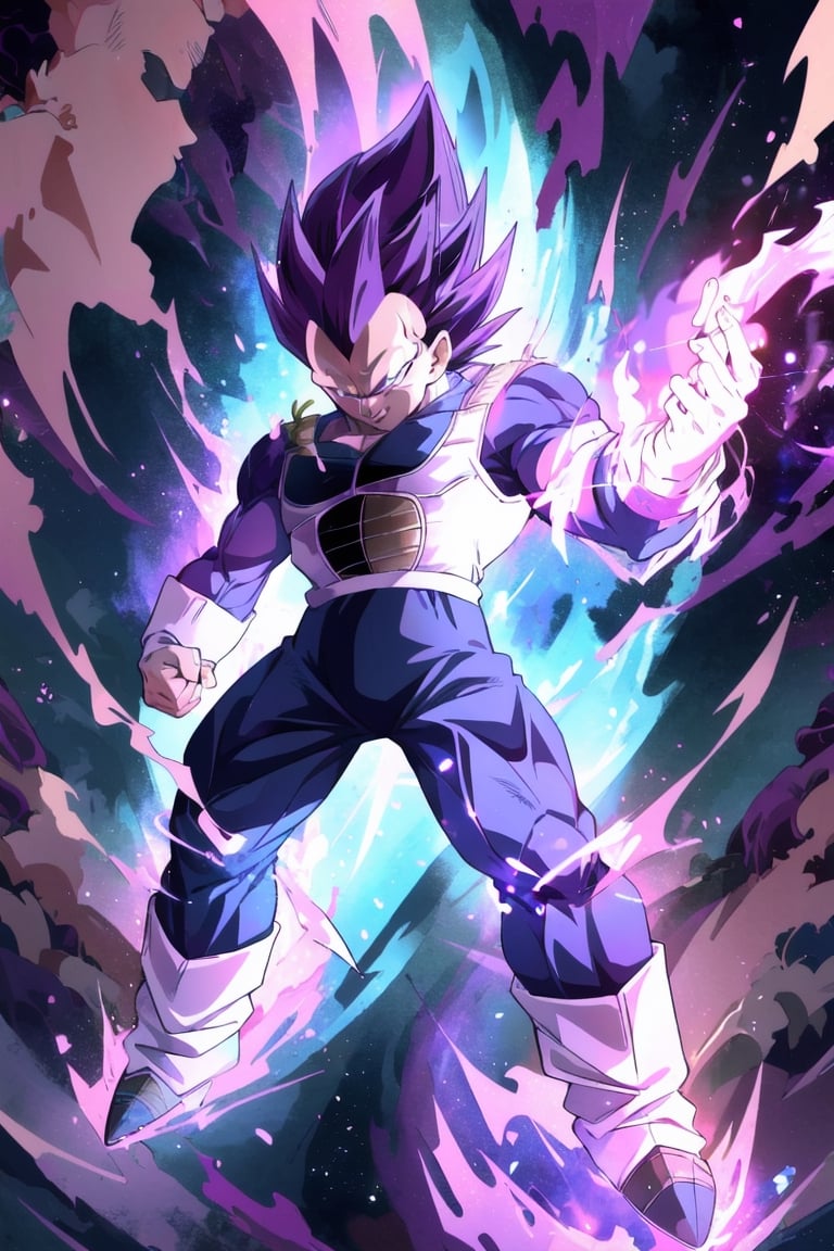 UE_vegeta, 1boy, male focus, muscles, purple hair, purple eyes, no eyebrows,1boy, smile, purple aura,r1ge, full body, majin boo energy, purple swirling vortex, super saiyan level 3, full body, ethereal fire background, goku dead, fury, embers swirling, super saiyan 