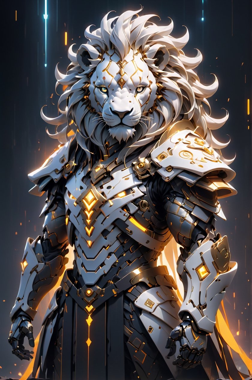 (masterpiece, best quality:1.5), EpicLogo, white glowing armor, robot, gold irradiated armor, luminous stoic face, look on viewer, lion style, central view, hyper real, hues, Movie Still, cyberpunk, full body, cinematic scene, intricate mech details , ground level shot, 8K resolution, Cinema 4D, Behance HD, polished metal, shiny, data, ethereal fire emitting from armor, hair in dreadlock braids, cross on chest plate, glowing sword, skyfall background