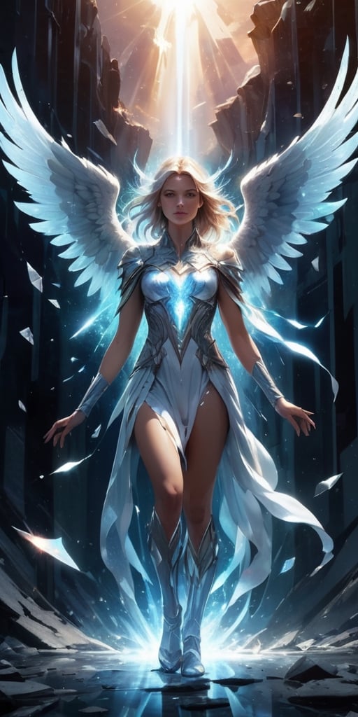 Generate hyper realistic image of a angelic ancient entity with a shattered, crystalline form, each shard pulsating with ethereal energy, ruling an ethereal dimension filled with fractured landscapes and distorted reality.angel fire background, higher dimensional, broken mirror,broken glass,broken reality