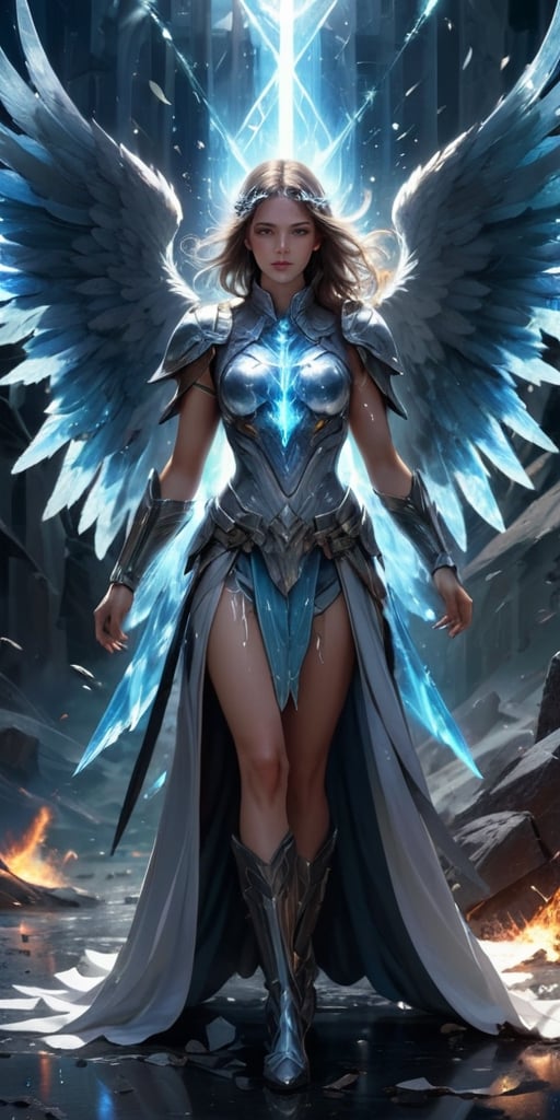 Generate hyper realistic image of a angelic ancient entity with a shattered, crystalline form, each shard pulsating with ethereal energy, ruling an ethereal dimension filled with fractured landscapes and distorted reality.angel fire background, higher dimensional, broken mirror,broken glass,broken reality 16k, weapons in hand ,battle armor l,