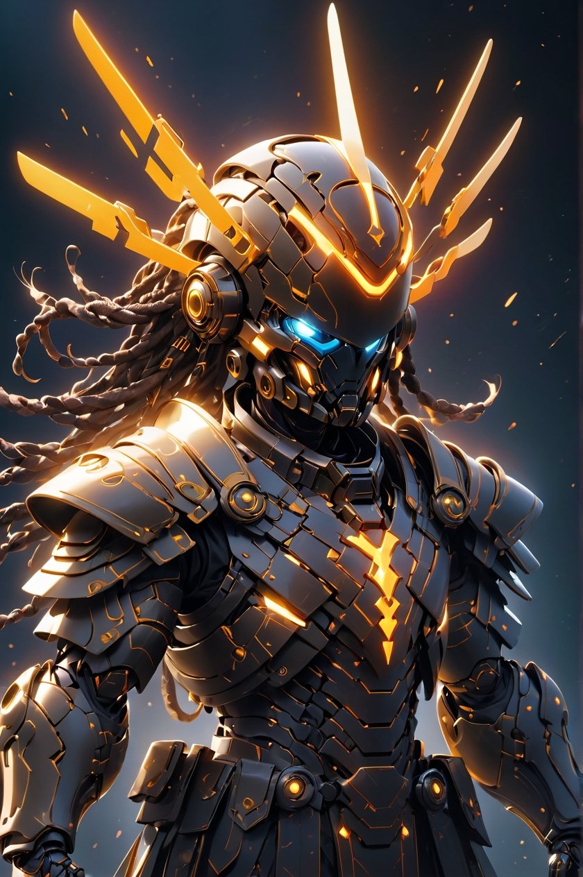 (masterpiece, best quality:1.5), EpicLogo, dark energy, glowing armor, robot, gold irradiated armor, luminous stoic face, look on viewer, angel style, central view, hyper real, hues, heavenly realms, full body, cinematic scene, intricate mech details , ground level shot, 8K resolution, Cinema 4D, Behance HD,alien weapon metal, shiny, data, ethereal fire emitting from armor, hair in dreadlock braids, cross on chest plate, battle stance, skywalk background, radiant hues in background