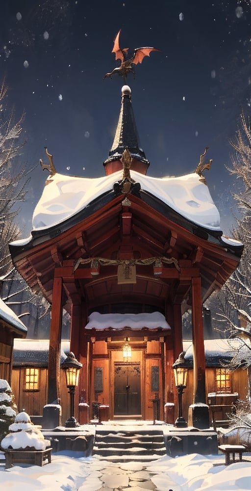 sfw,animal,fly Dragon,winter,Shrine,In night town