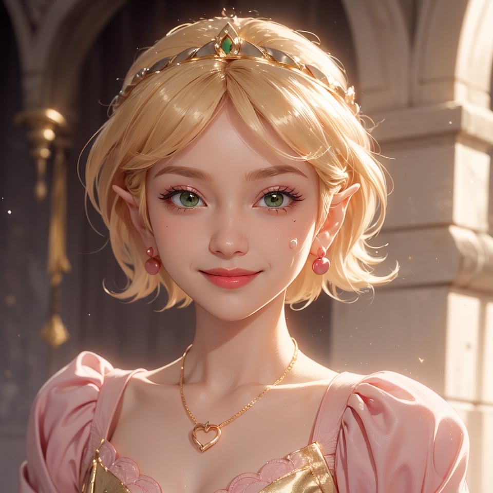 masterpiece, best quality, tmbsszelda, short hair, blonde hair, green eyes ,gold necklace, gold tiara, small earrings, pink eyes, heart, makeup, lipstick , face, face only, blushing, sweating, smile, smiling,1 girl, thick lips