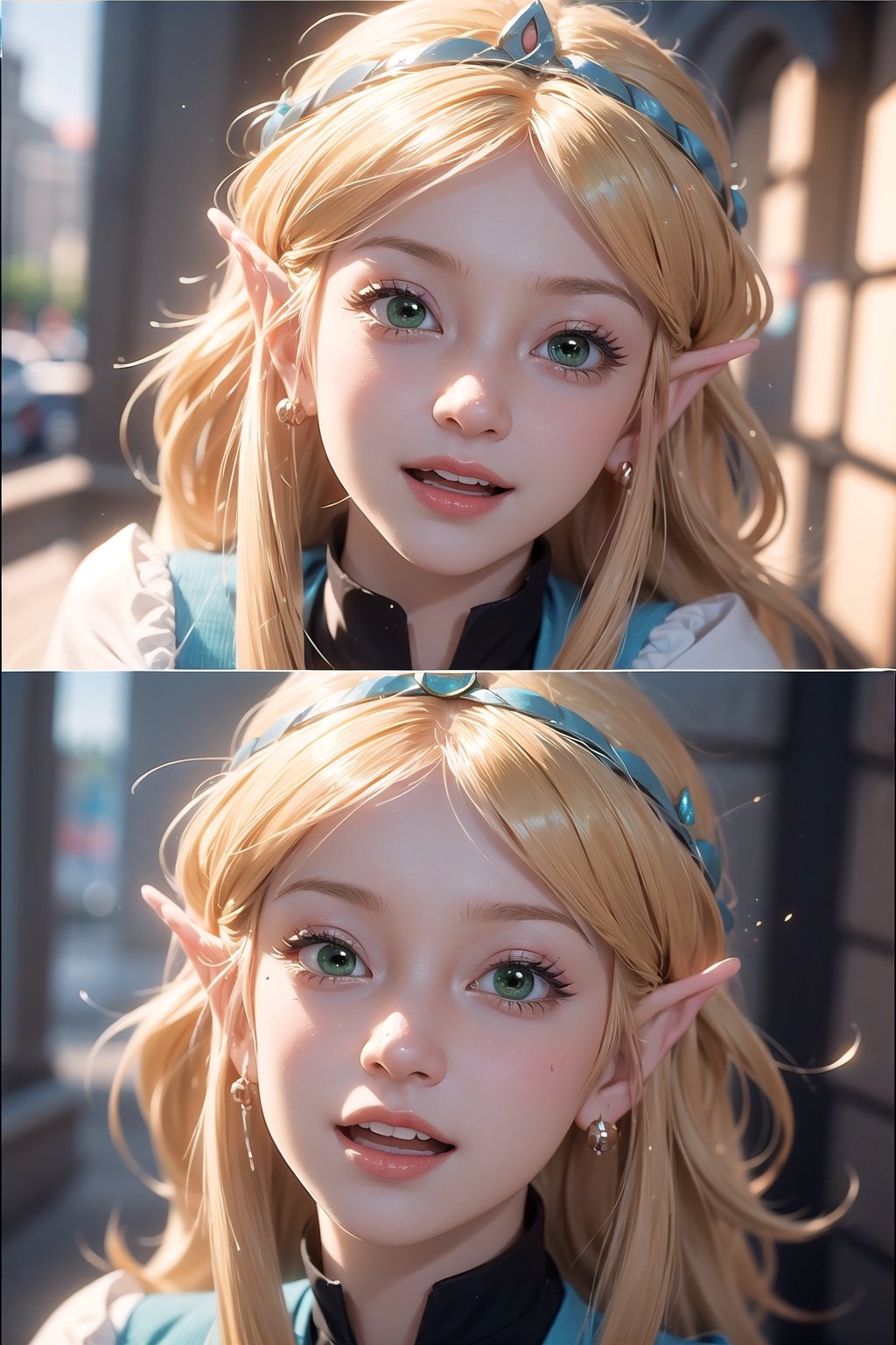 tsmbsszelda, masterpiece, face only, green eyes, blushing, open mouth, smiling