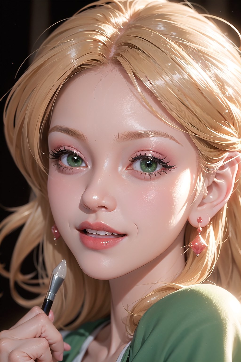 tsmbsszelda, masterpiece, (face only), green eyes, blonde hair, blushing,  smiling, red lipstick, makeup, blushing, open mouth