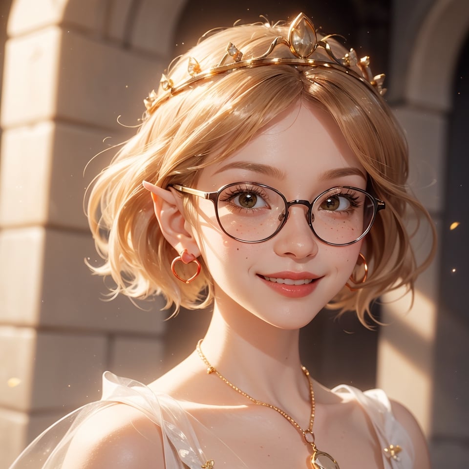 masterpiece, best quality, tmbsszelda, short hair, golden brown hair, brown eyes , large glasses, gold necklace, gold tiara, small hoop earrings, hearts, makeup, lipstick , face, face only, blushing, smile, smiling,1 girl, thick lips, close, human ears, freckles