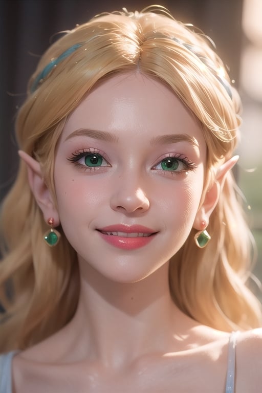 tsmbsszelda, masterpiece, (face only), green eyes, blonde hair, blushing,  smiling, lipstick, makeup, blushing, realistic, photo, 8k, highres