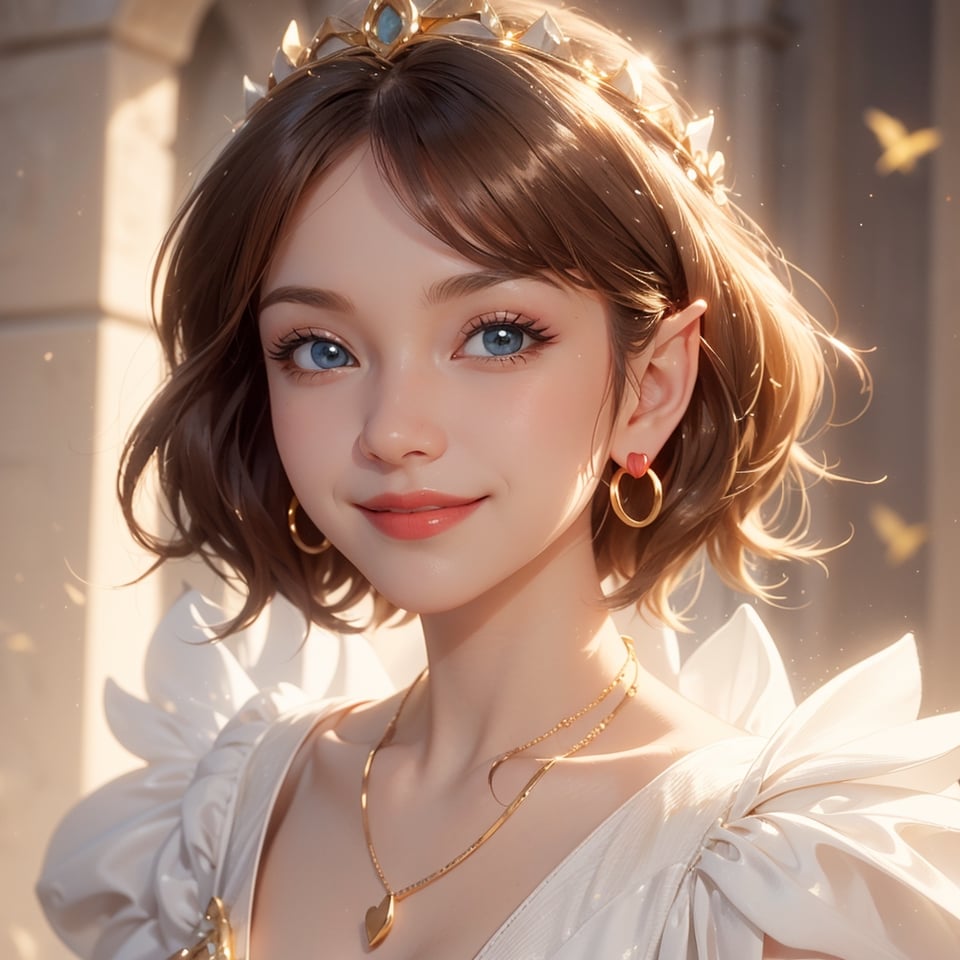 masterpiece, best quality, tmbsszelda, short hair, golden brown hair, blue eyes ,gold necklace, gold tiara, small hoop earrings, hearts, makeup, lipstick , face, face only, blushing, smile, smiling,1 girl, thick lips, close
