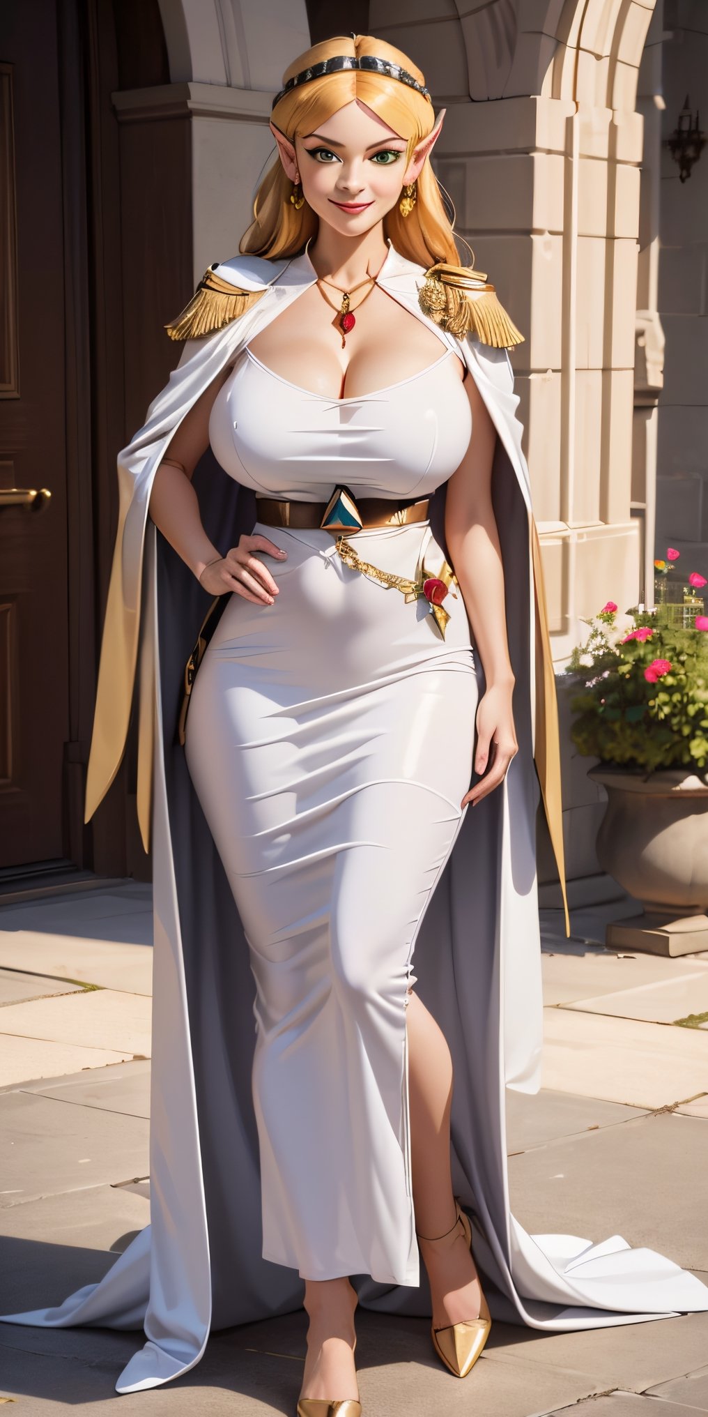 masterpiece, best quality, stunningly beautiful young woman, tmbsszelda, blue eyes, (white long dress, white long cape), belt, gold necklace, golden epaulette, green eyes, smiling, makeup, lipstic ,Sexy Women, huge breast ,venusbody, full body