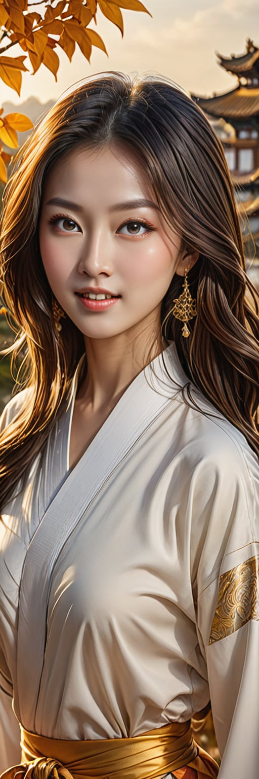 (masterpiece), ((best quality)), ultra-detailed, (illustration), (dynamic angle), (Portrait), (woman), ((detailed face)), (long hair), beautiful detailed gradient eyes, (colourful background), (martial art clothes), traditional clothes, dynamic angle, gold and white lining, (dynamic pose), (mystical landscape), detailed clothes, (good anatomy), gradient eyes, smile,