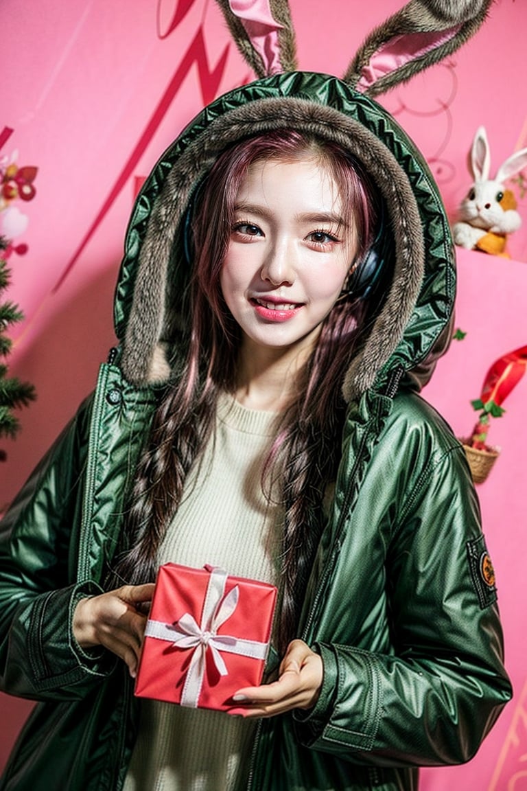 Music note background, 1 girl, pink hair twin-tail, headset, (rabbit fluffy parka coat:1.3), Christmas, dynamic angle, box of gifts ,masterpiece, ,
