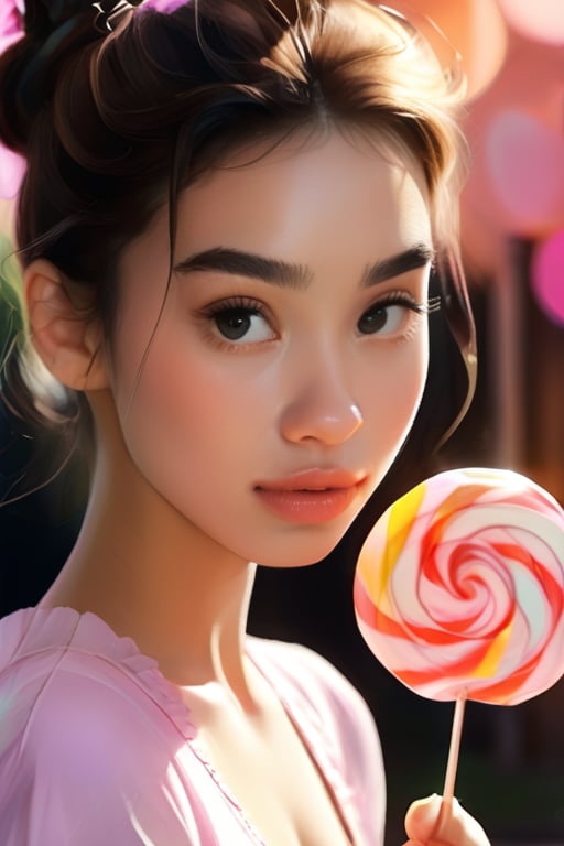 In this whimsical wonderland, a charming adult woman strikes a playful pose, her eyes sparkling with joy as she waves one hand in greeting and holds a giant lollipop in the other. Her pastel-colored, frilly dress accentuates her youthful figure, while her two-bun hairstyle features strands of matching hair framing her face. The vibrant, anime-inspired scene is bathed in warm, inviting light that highlights the intricate details of her clothing and delicate features of her face. With a cinematic shot, dynamic lighting, and Technicolor hues, this image invites viewers into a world of pure imagination and sweetness, akin to the art of Hayao Miyazaki.
