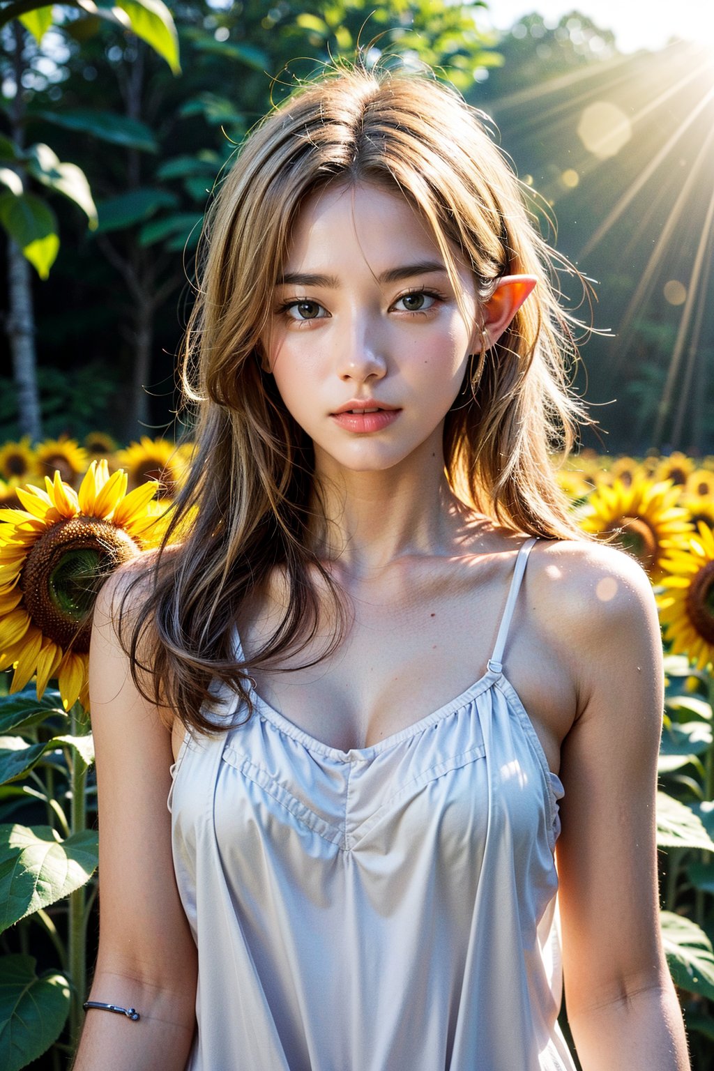 (masterpiece, best quality, highres:1.3), ultra resolution image, (1girl), (solo), kawaii, blonde hair, long flowing hair, elf, emerald eyes, gentle breeze, sunflowers, sunflower field, petal, sparkling magic, (soft sunlight:1.3), fantasy, nature accessories, happy